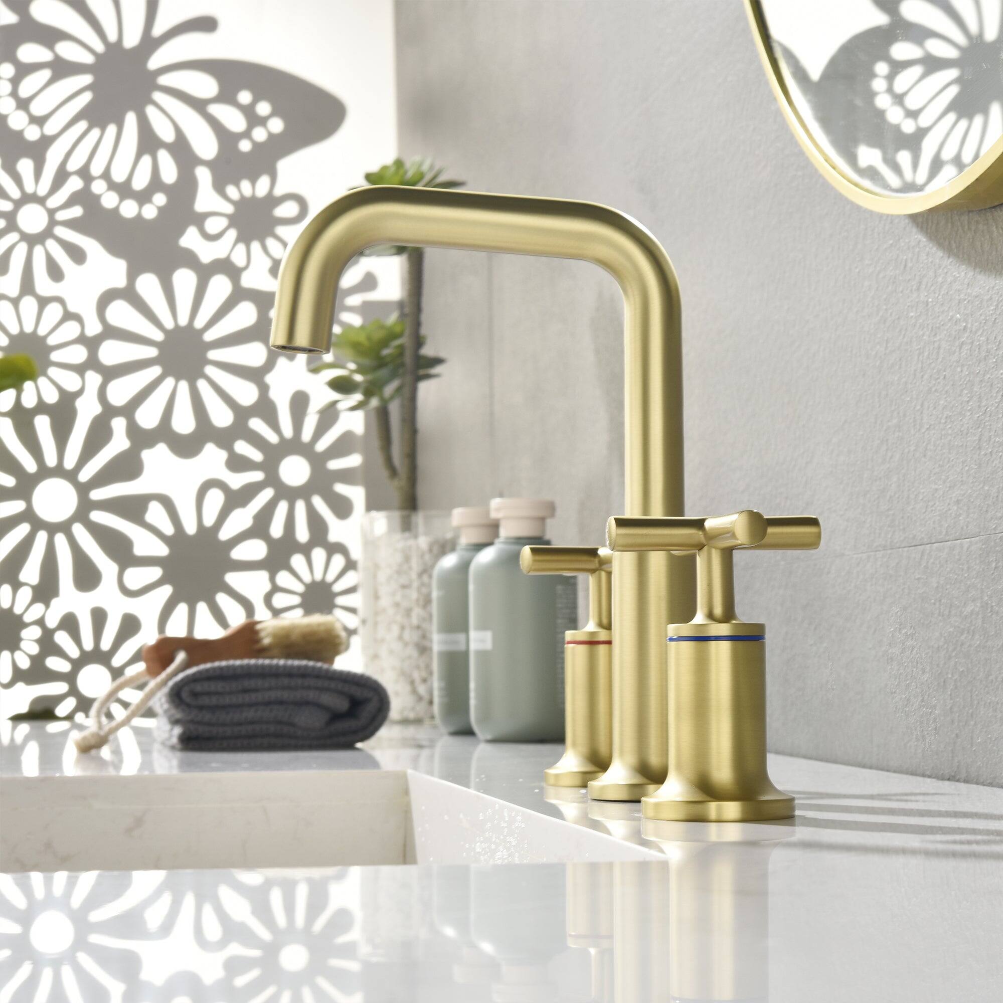 Alt View 4. Boyel Living - Brass 8 Inch Widespread Double Handle Bathroom Faucet with Water Supply Hoses and Quick Connected Hose in Brushed Gold - Brushed Gold.