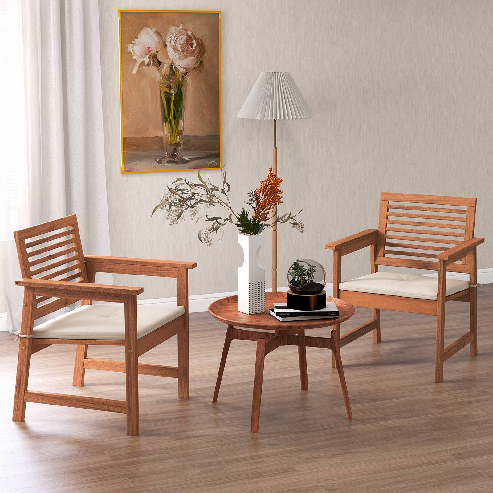 Alt View 1. Costway - Costway Set of 2 Outdoor Dining Chair Patio Solid Wood Chairs with Comfortable Cushions - Natural.