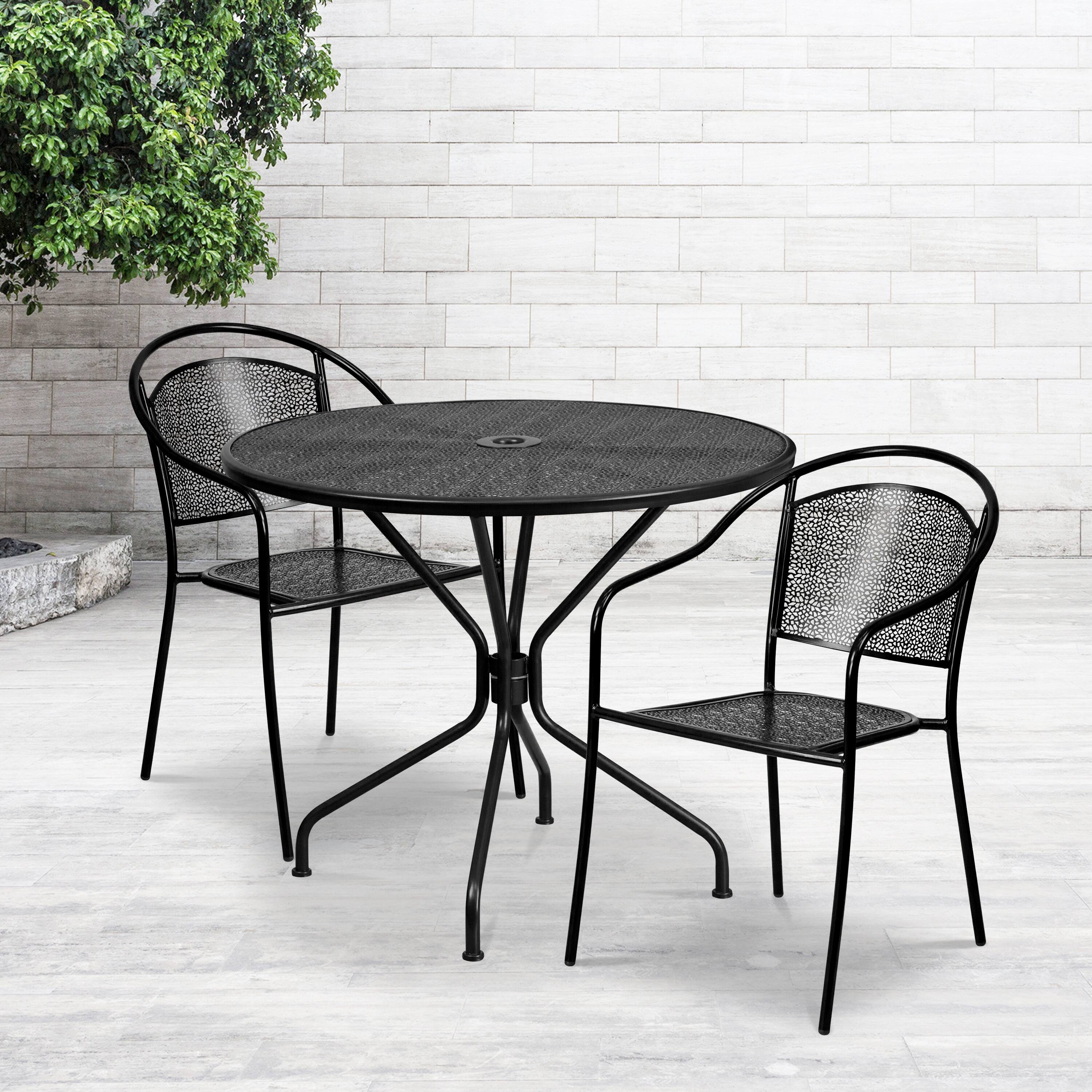 Alt View 1. Emma + Oliver - Commercial 35.25" Round Metal Garden Patio Table Set w/ 2 Round Back Chairs - Black.