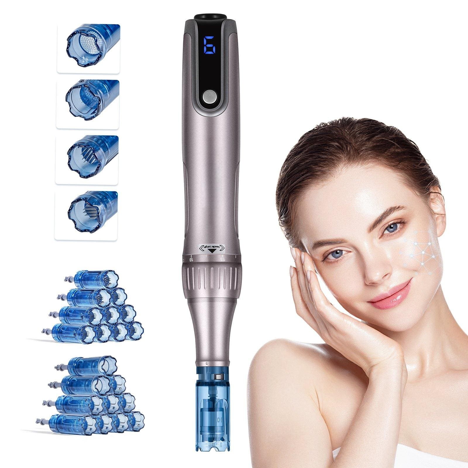 Glintex - Microneedling Pen M8S Electric Derma Pen w/ 20 Anti-Backflow Cartridges, 6 Speed Settings, LCD Display, Adjustable Depth
