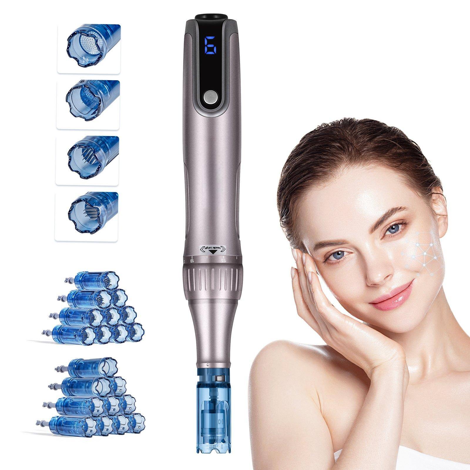 Front. Glintex - Microneedling Pen M8S Electric Derma Pen w/ 20 Anti-Backflow Cartridges, 6 Speed Settings, LCD Display, Adjustable Depth.