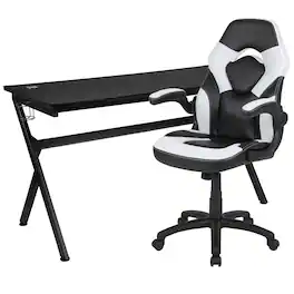 Emma + Oliver - Gaming Desk Bundle - Cup & Headphone Holders/Mouse Pad Top - White