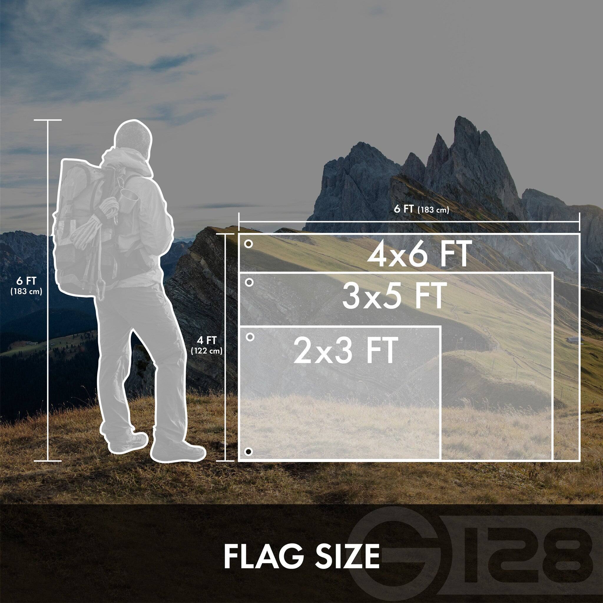 6 FT (183 cm)  
4 FT (122 cm)  
4x6 FT  
3x5 FT  
2x3 FT  

FLAG SIZE G128
