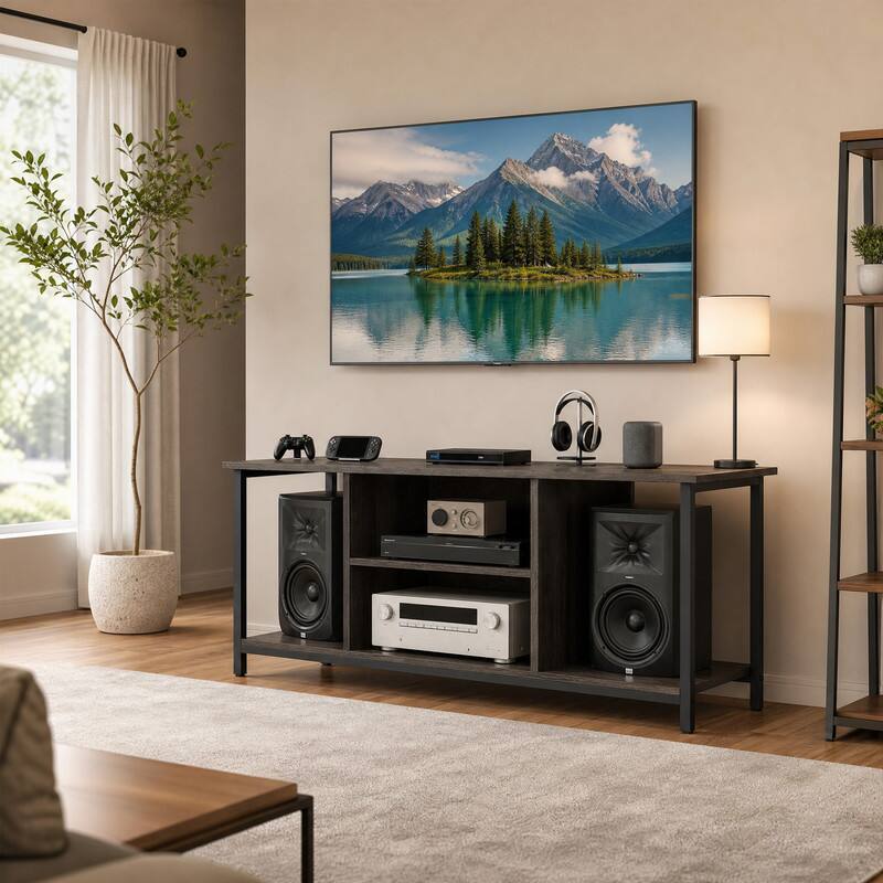 Angle. WELLFOR - 3-Tier TV Stand for TVs up to 50",Entertainment Center with Power Outlet USB and Adjustable Shelf - Gray.