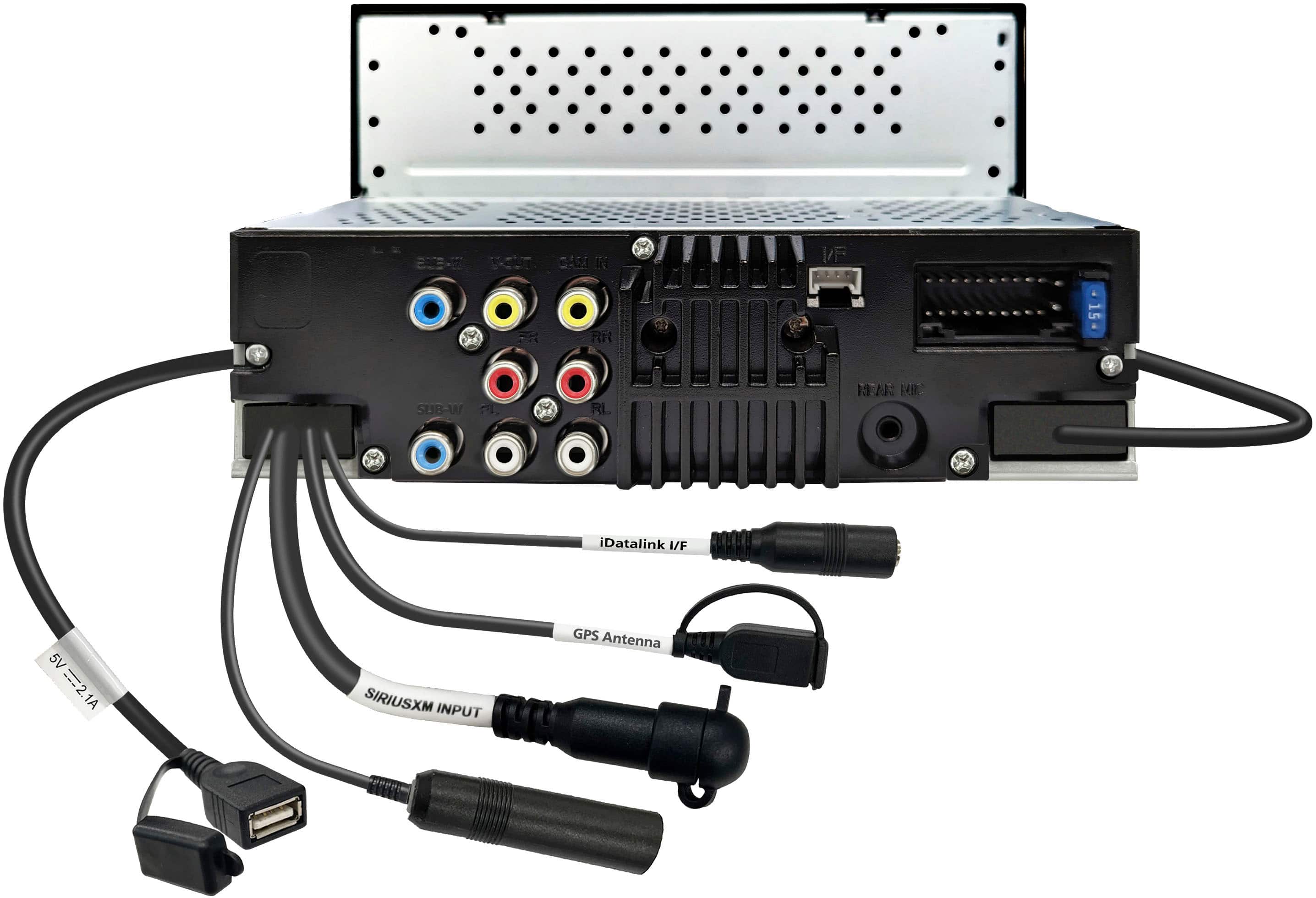 The image features a black box with a variety of cables and connectors, including a GPS antenna and a sub-woofer. The box is connected to a computer, and there are several cords and wires coming out of it. The cords are of different colors, and they are arranged in a way that suggests they are part of a complex electronic system. The box is likely used for data transmission or processing, given the presence of the GPS antenna and the computer connection.