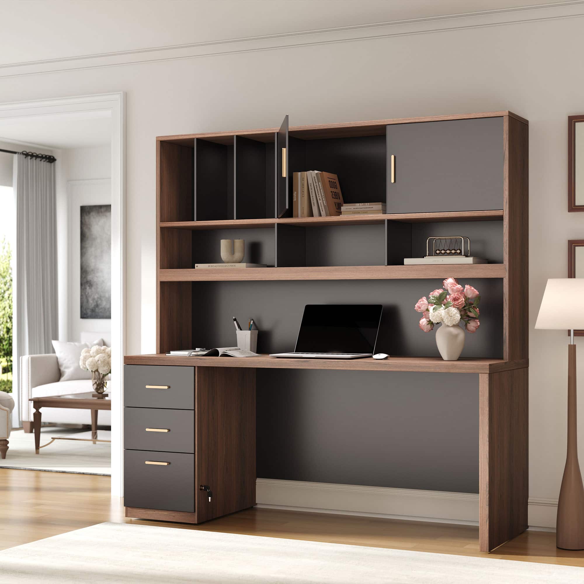 ModernMate - Computer Desk with Hutch and Drawers, 72.8" Executive Office Desk with Storage, 1.18" Desktop - Black Walnut