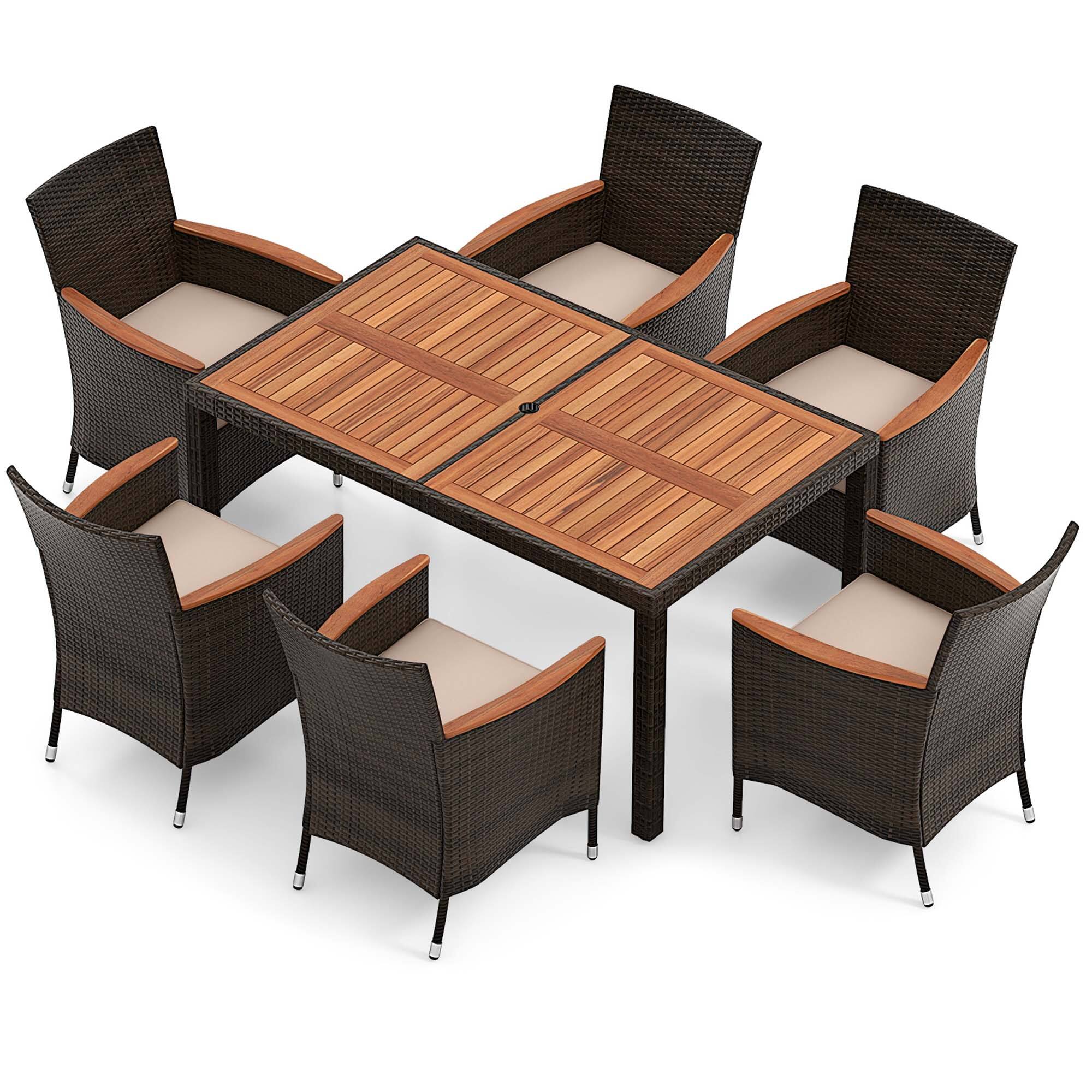 Angle. Costway - 7 Pieces Outdoor Wicker Dining Set with Acacia Wood Table and 6 Stackable Chairs - Mix Brown+Beige.