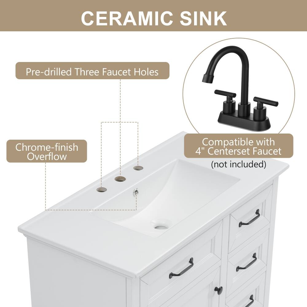 CERAMIC SINK

Pre-drilled Three Faucet Holes

Chrome-finish Overflow

Compatible with 4" Centerset Faucet (not included)