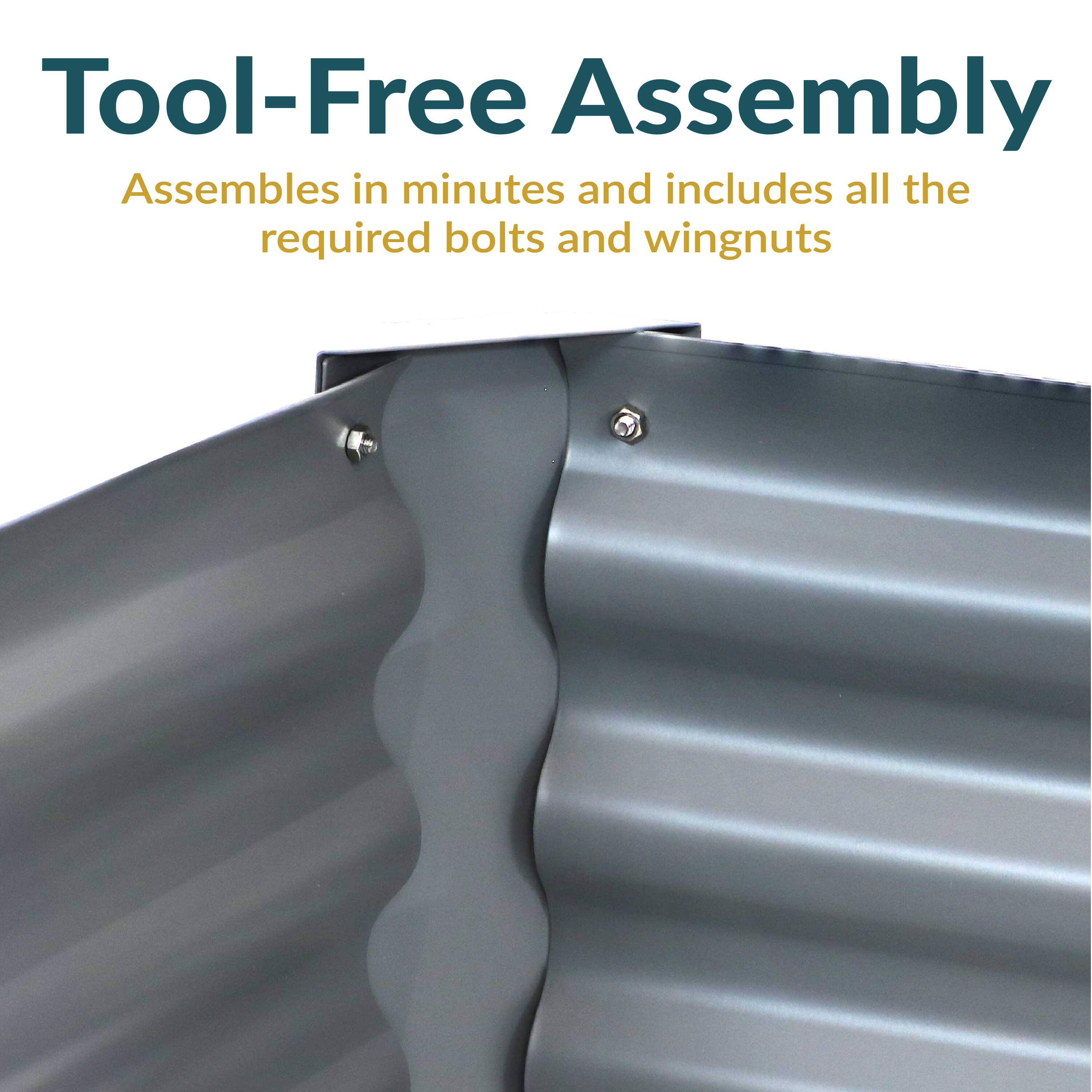 Tool-Free Assembly  
Assembles in minutes and includes all the required bolts and wingnuts