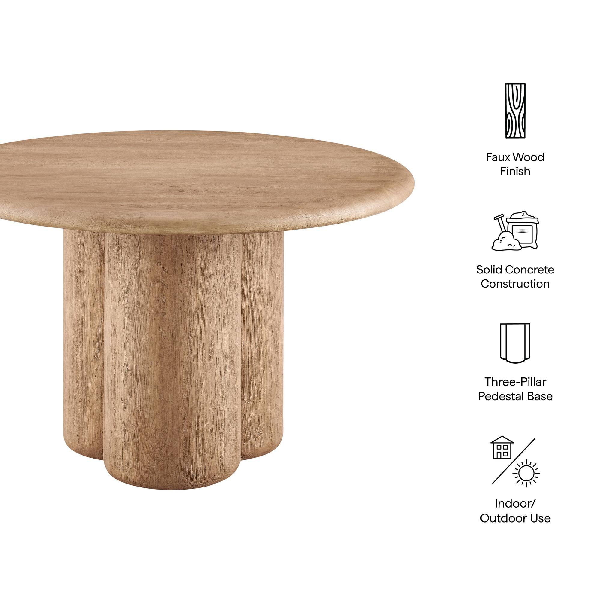 Faux Wood Finish  
Solid Concrete Construction  
Three-Pillar Pedestal Base  
Indoor/Outdoor Use