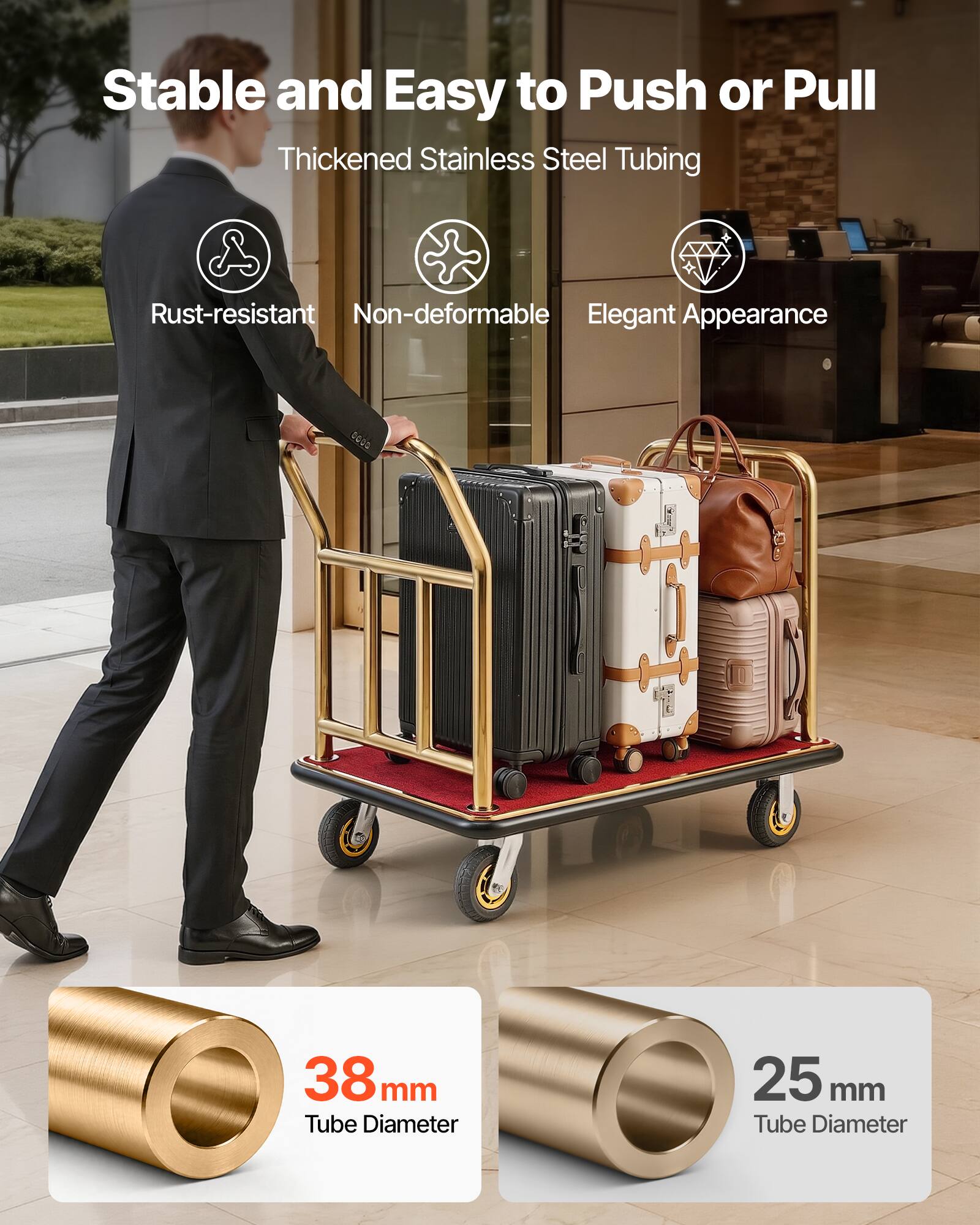 Stable and Easy to Push or Pull  
Thickened Stainless Steel Tubing  
Rust-resistant  
Non-deformable  
Elegant Appearance  

38 mm Tube Diameter  
25 mm Tube Diameter