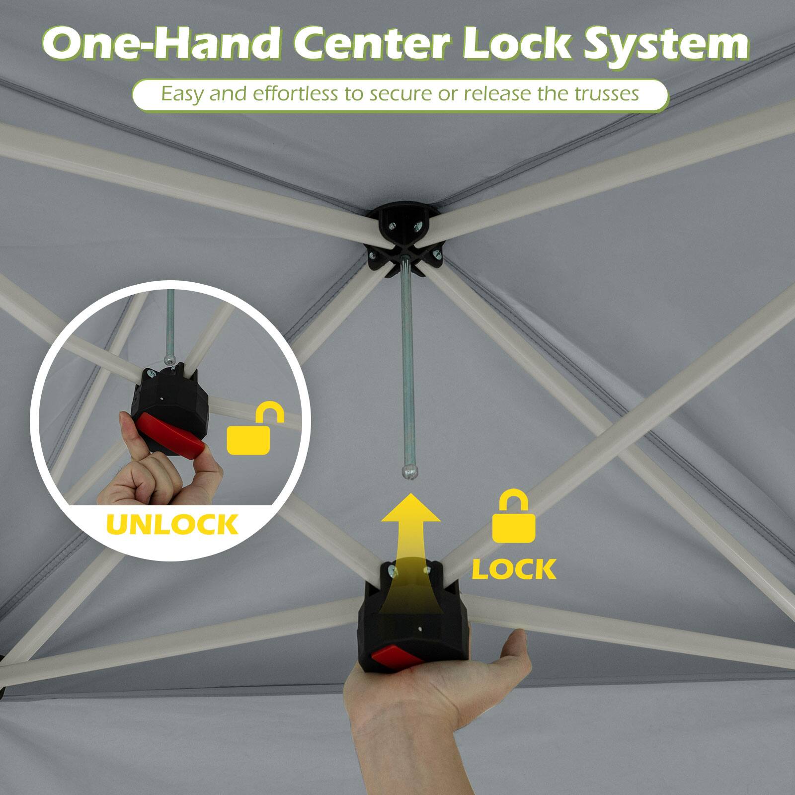 One-Hand Center Lock System  
Easy and effortless to secure or release the trusses  

UNLOCK  
LOCK