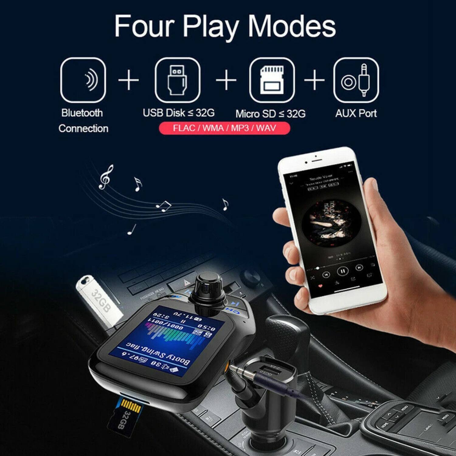 Four Play Modes

Bluetooth Connection  
USB Disk ≤ 32G  
Micro SD ≤ 32G  
AUX Port  

FLAC / WMA / MP3 / WAV