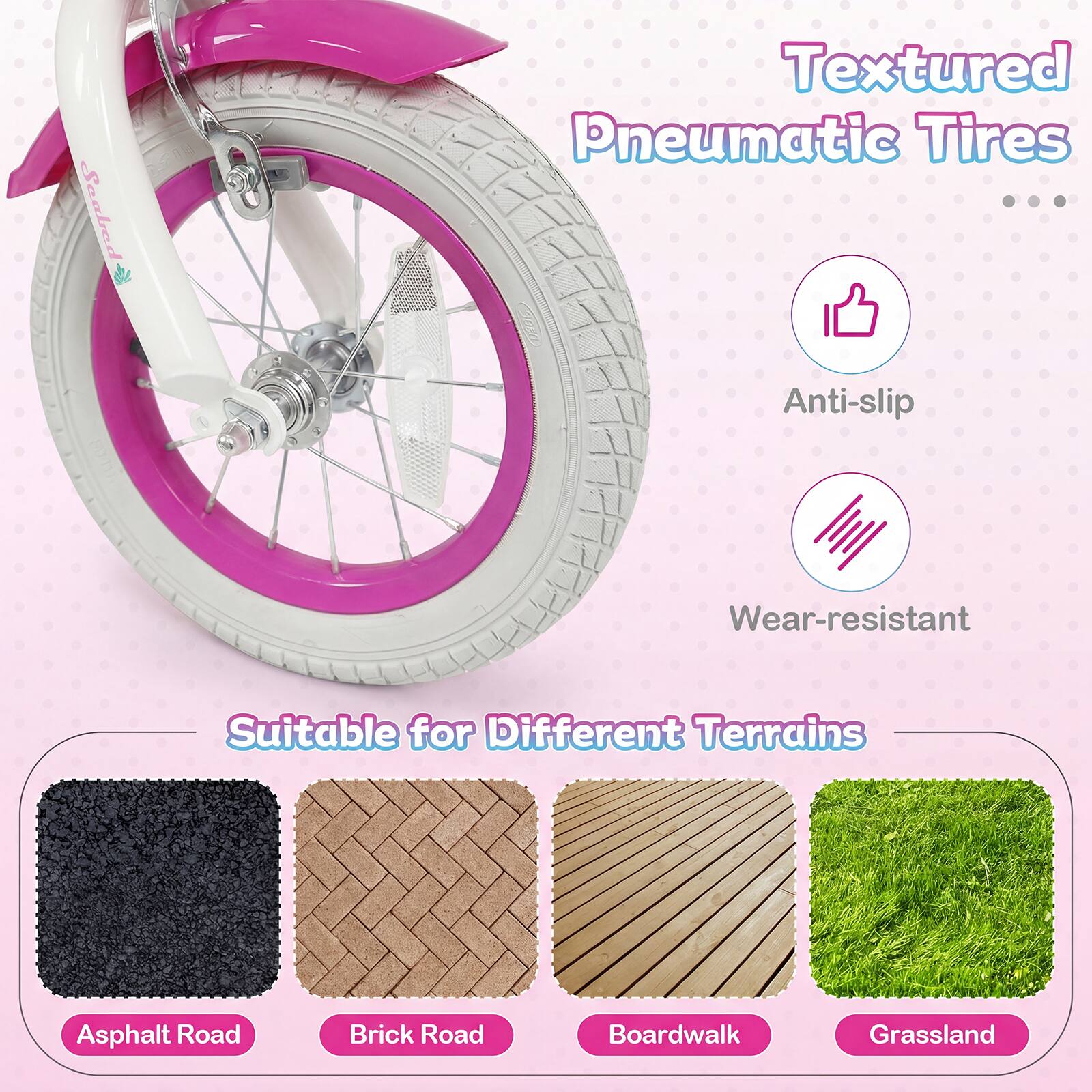 Textured Pneumatic Tires

Anti-slip  
Wear-resistant

Suitable for Different Terrains

Asphalt Road  
Brick Road  
Boardwalk  
Grassland