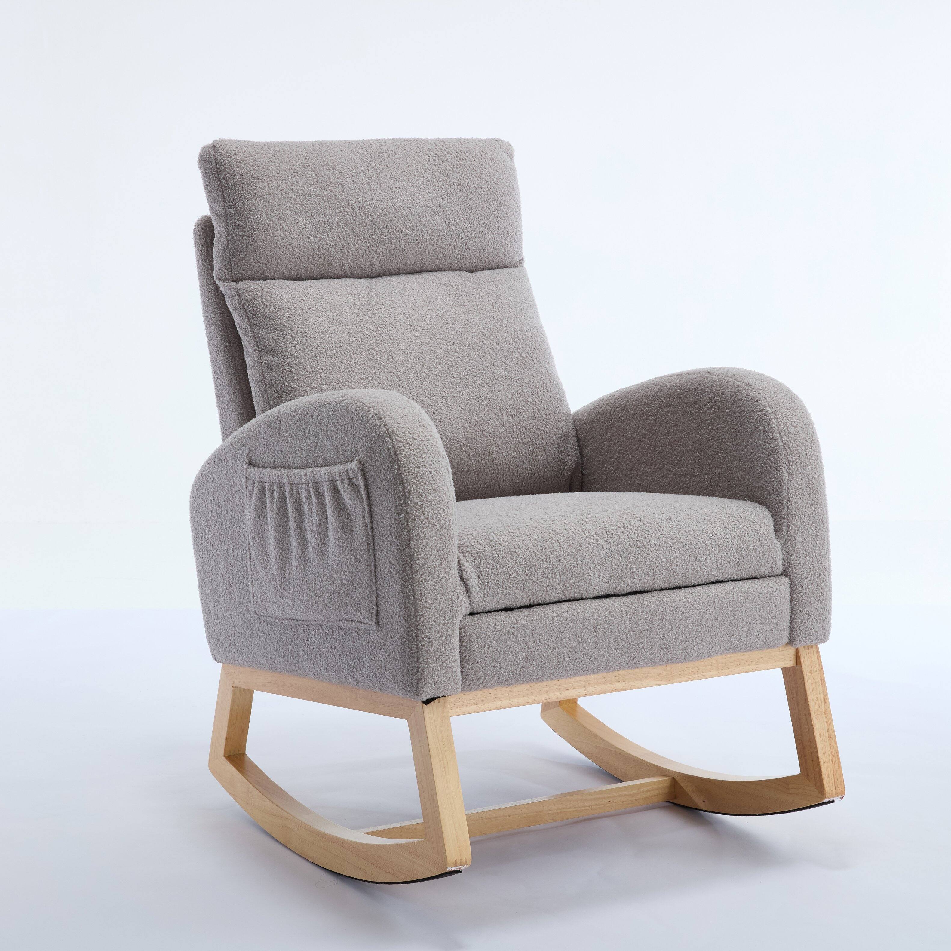 Angle. Whisen - Teddy Fabric Ergonomic Rocking Chair with Adjustable Footstool - Light Gray.