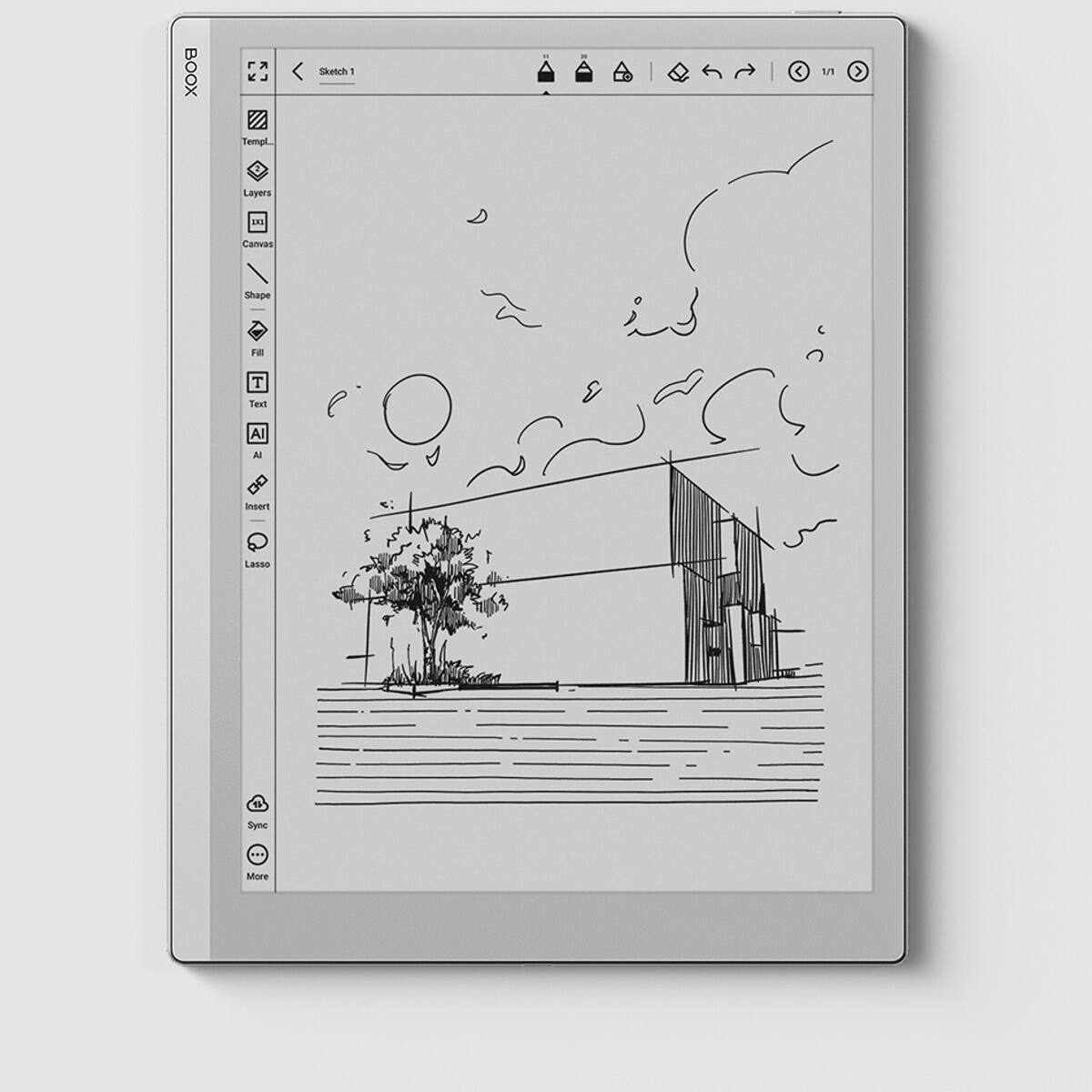 BOOX InkPad Templ. < Satch - - - I 17 > Layers .N Canvas I Shape Features Text Al 8 insert Lasso 1 Sync I More