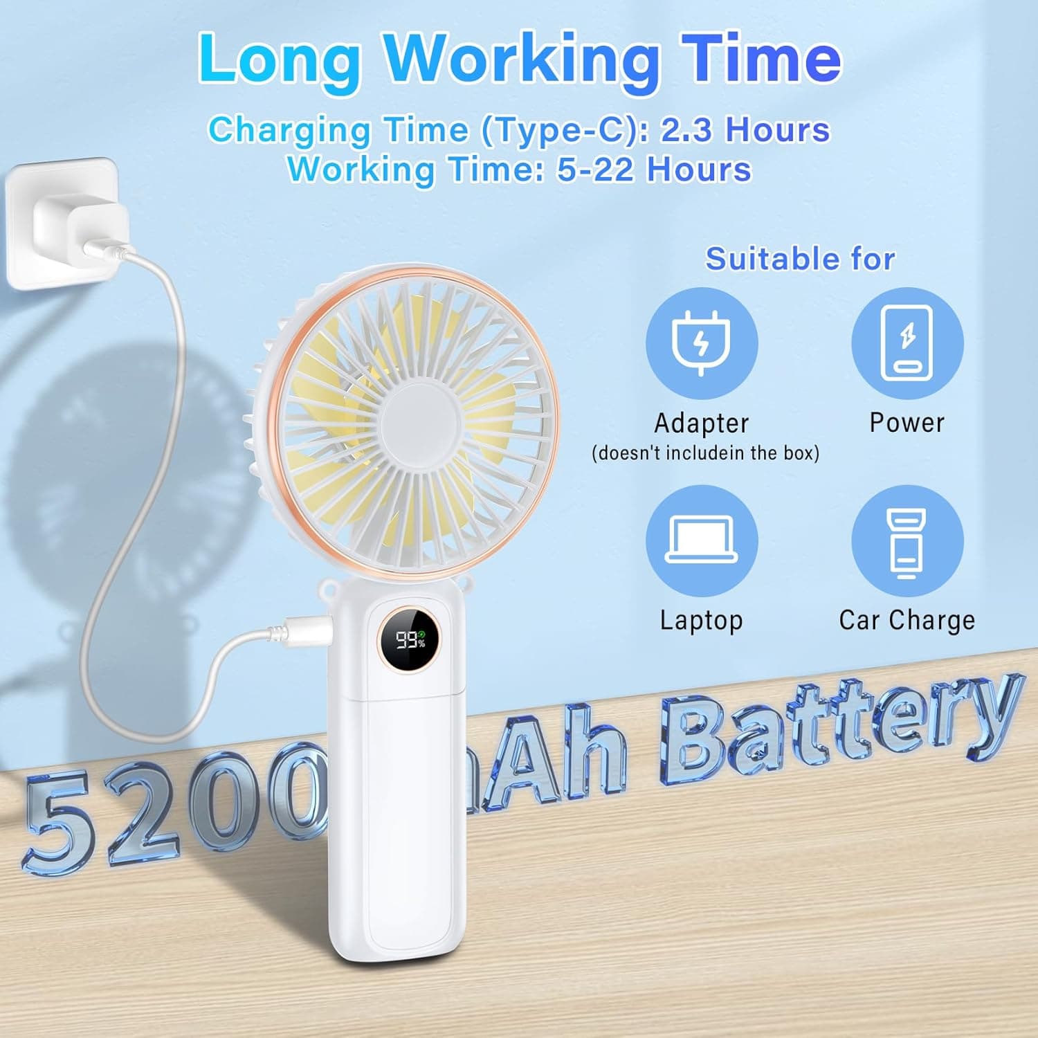 Long Working Time  
Charging Time (Type-C): 2.3 Hours  
Working Time: 5-22 Hours  

Suitable for  
Adapter (doesn't include in the box)  
Power  
Laptop  
Car Charge  

5200 mAh Battery