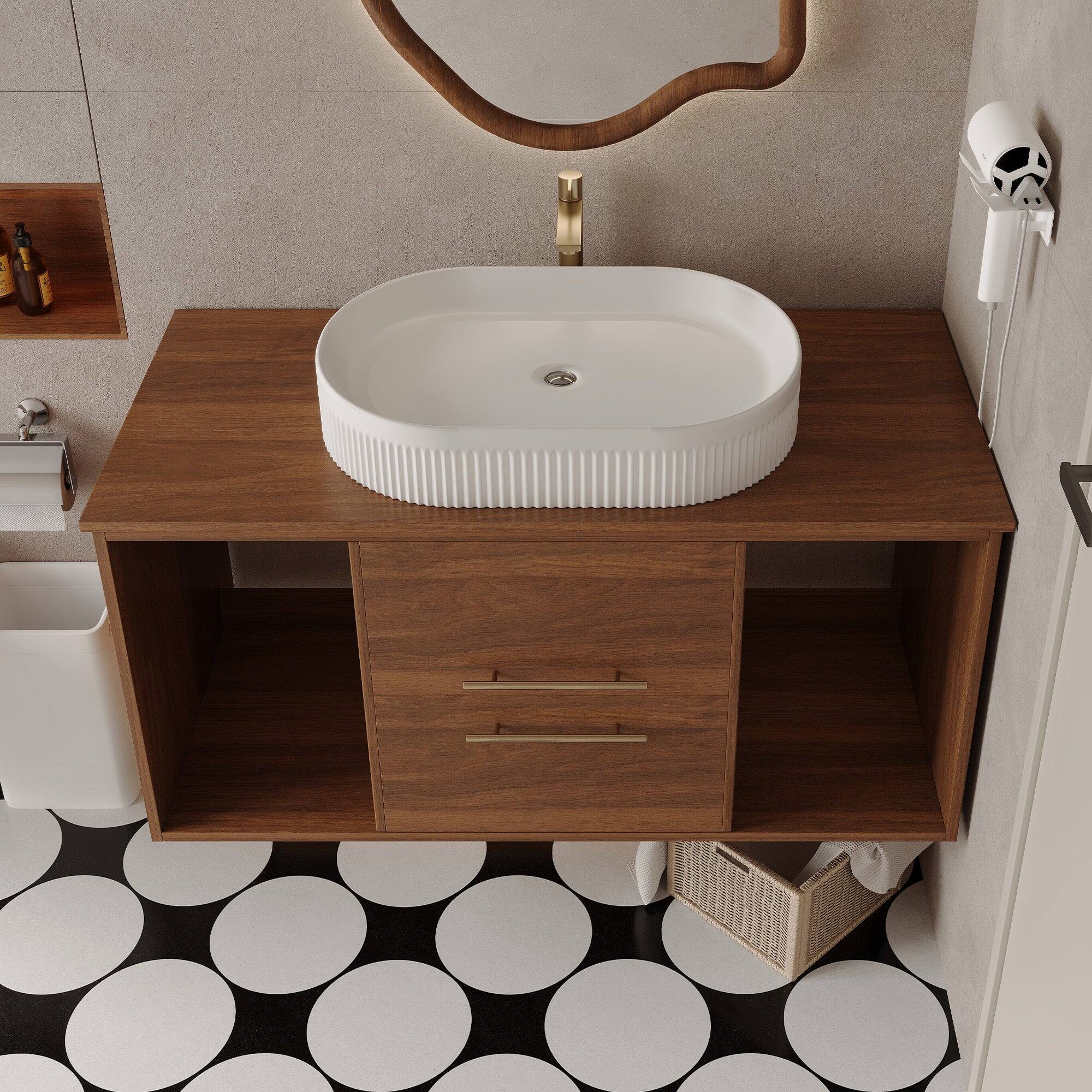 Alt View 1. Boyel Living - 39.4 In Wall Mounted Bathroom Vanity Oval Ceramic Sink Solid Wood Soft Close Drawers - Wood.