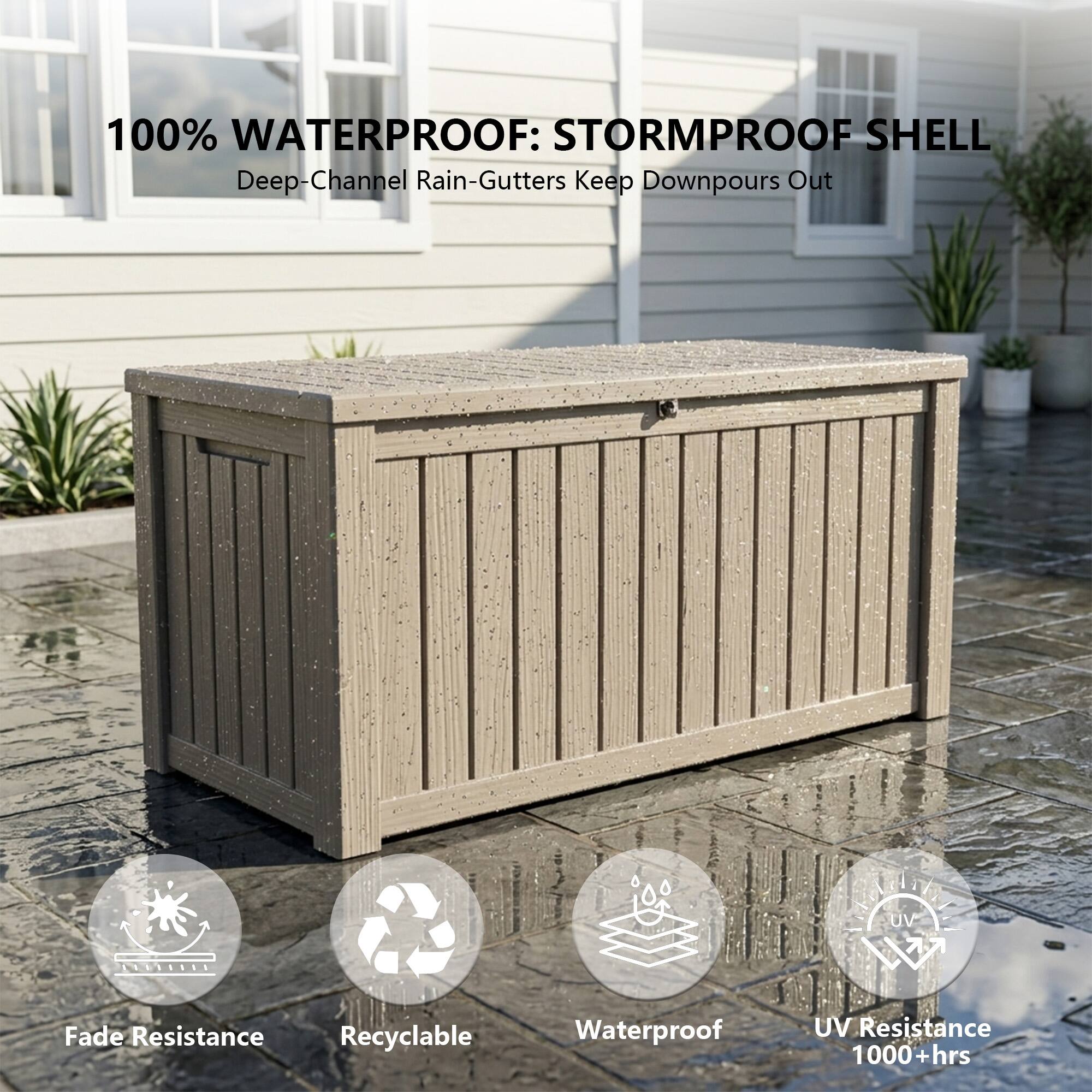 100% WATERPROOF: STORMPROOF SHELL  
Deep-Channel Rain-Gutters Keep Downpours Out  

- Fade Resistance  
- Recyclable  
- Waterproof  
- UV Resistance 1000+ hrs