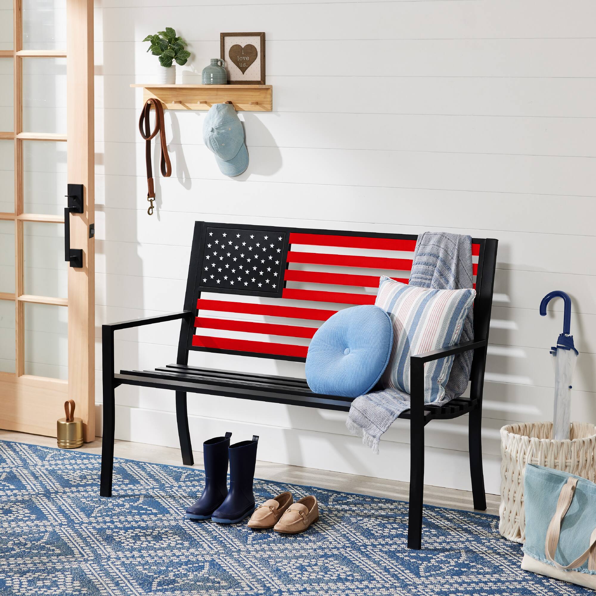 Alt View 4. Best Choice Products - Best Choice Products Indoor Outdoor Steel Garden Bench w/ American Flag Backrest, 790lb Capacity - Black/Red - black/red.