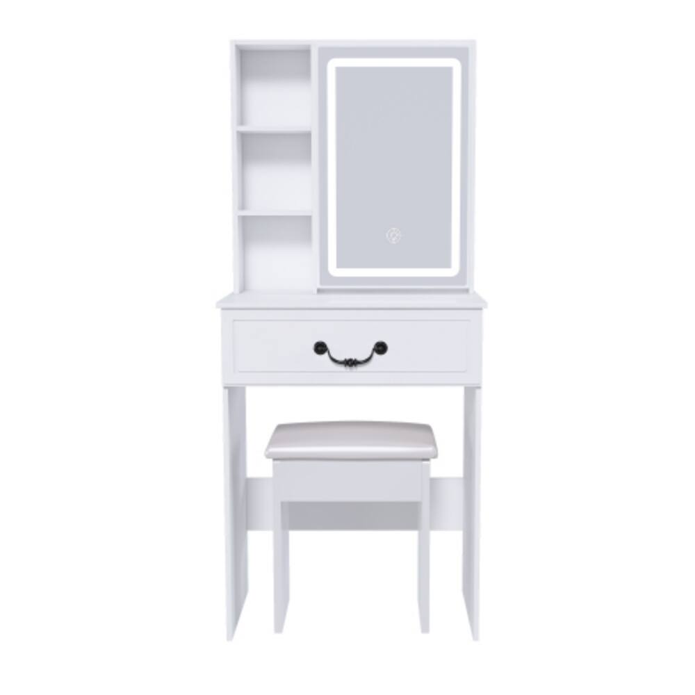 Alt View 3. LUCKY ONE - Modern Mini Dressing Table w/ LED Mirror Hidden Storage & Padded Stool - White.