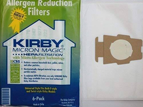Allergen Reduction Filters

KIRBY MICRON MAGIC
- HEPA FILTRATION with MicroAllergen Technology
  - Reduces common household dust, pollen, mites, and other particles.
  - Electrostatically charged material traps micron particle matter.
  - To maintain HEPA filtration, use only GENUINE Kirby filter bags available from your local authorized Kirby Distributor.

Universal Style Fits Both F-style and Twist-style Kirby Models

6-Pack

Made in China

The Kirby Company
Cleveland, OH, U.S.A.