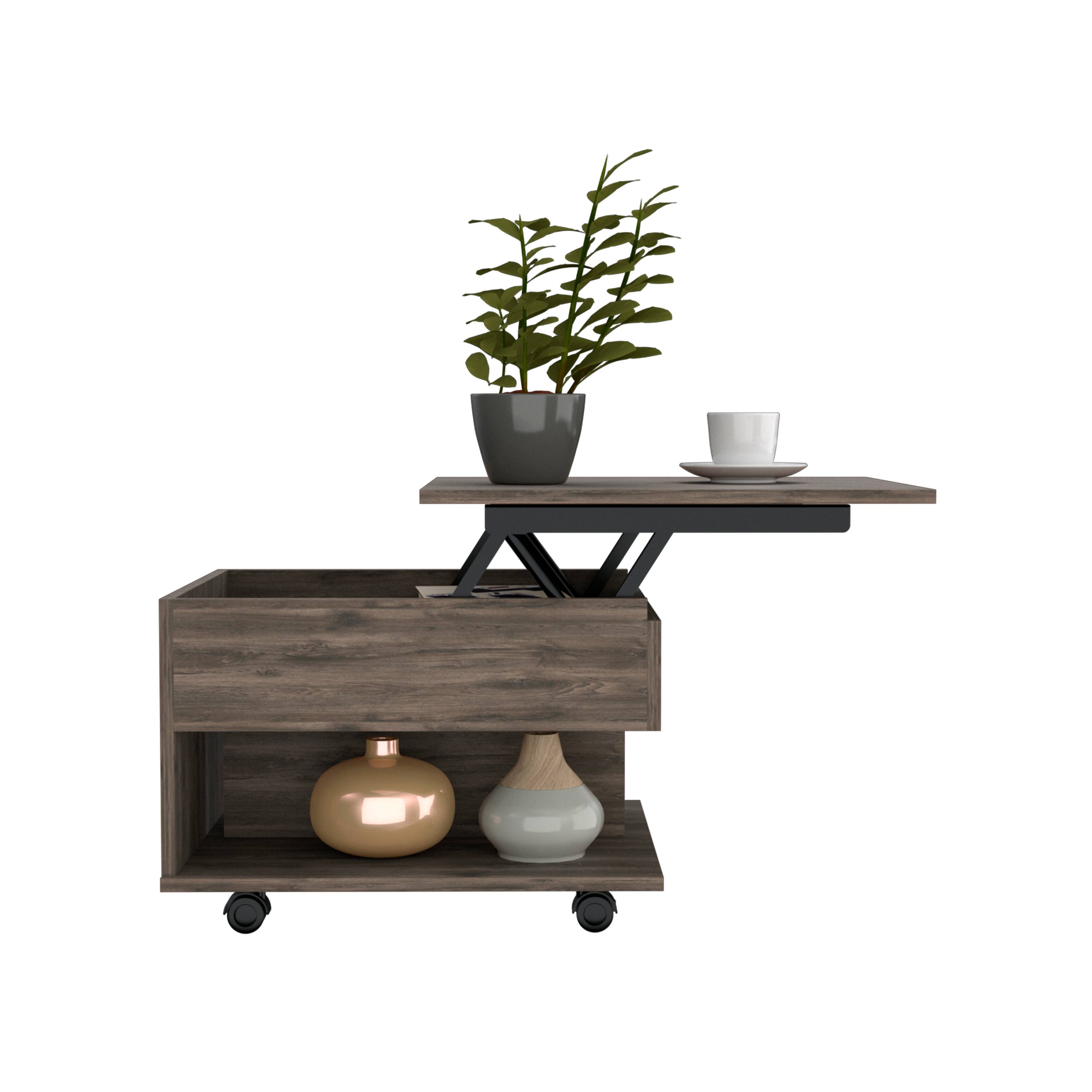 Alt View 4. TuHome - Luanda Lift Top Coffee Table, Casters, One Shelf, Retractible Table, Minimalist Design for Living Room or Lounge Area - Dark Brown.