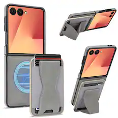 Front. Dteck - Magnetic Case for Samsung Galaxy Z Flip7,Detachable Card Wallet Kickstand Shell,Shockproof 2-in-1 Faux Leather Cover - Gray.
