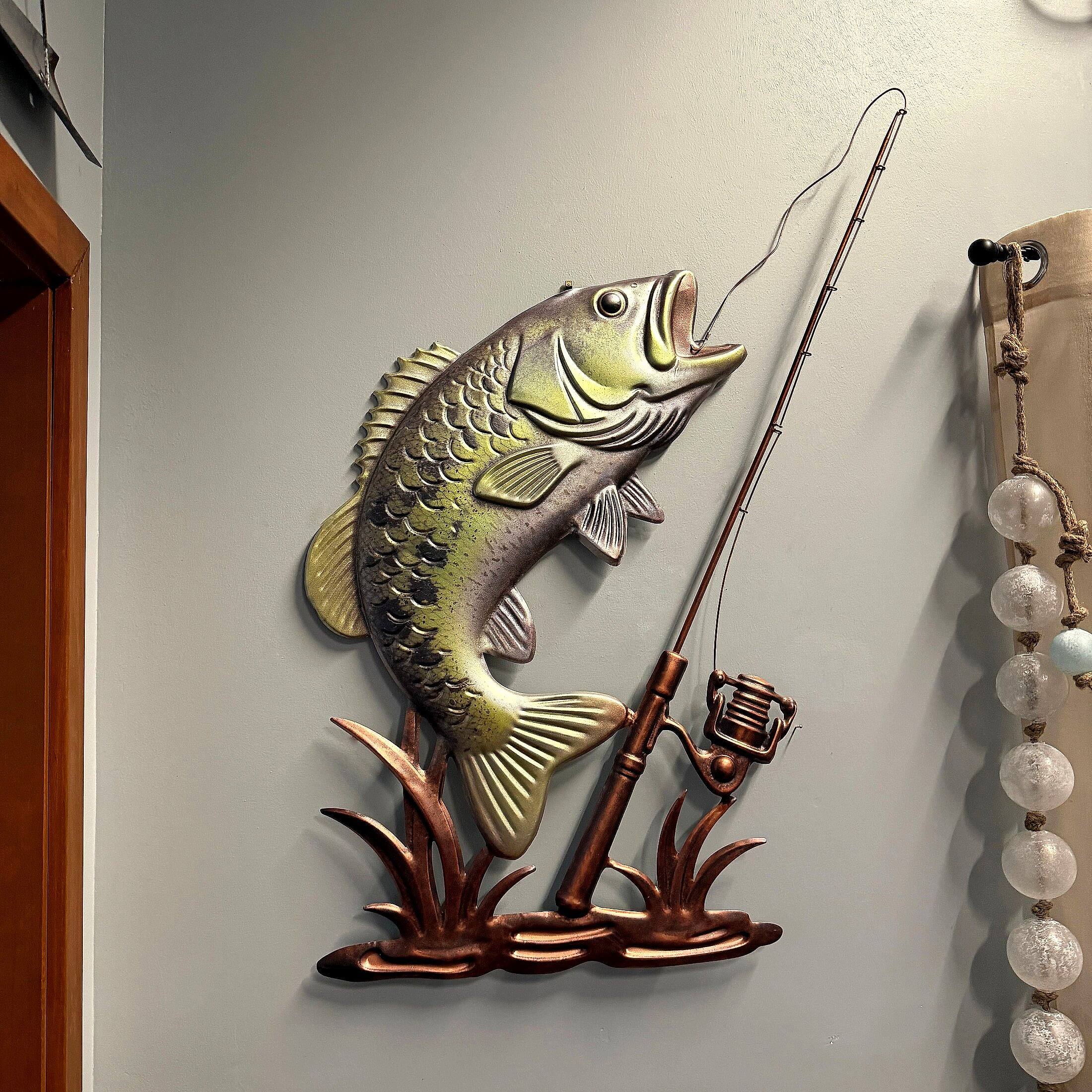 Alt View 3. Things2Die4 - Fish Wall Sculpture Largemouth Bass Fishing Rod Metal 39.5 Inch Tall - Green.