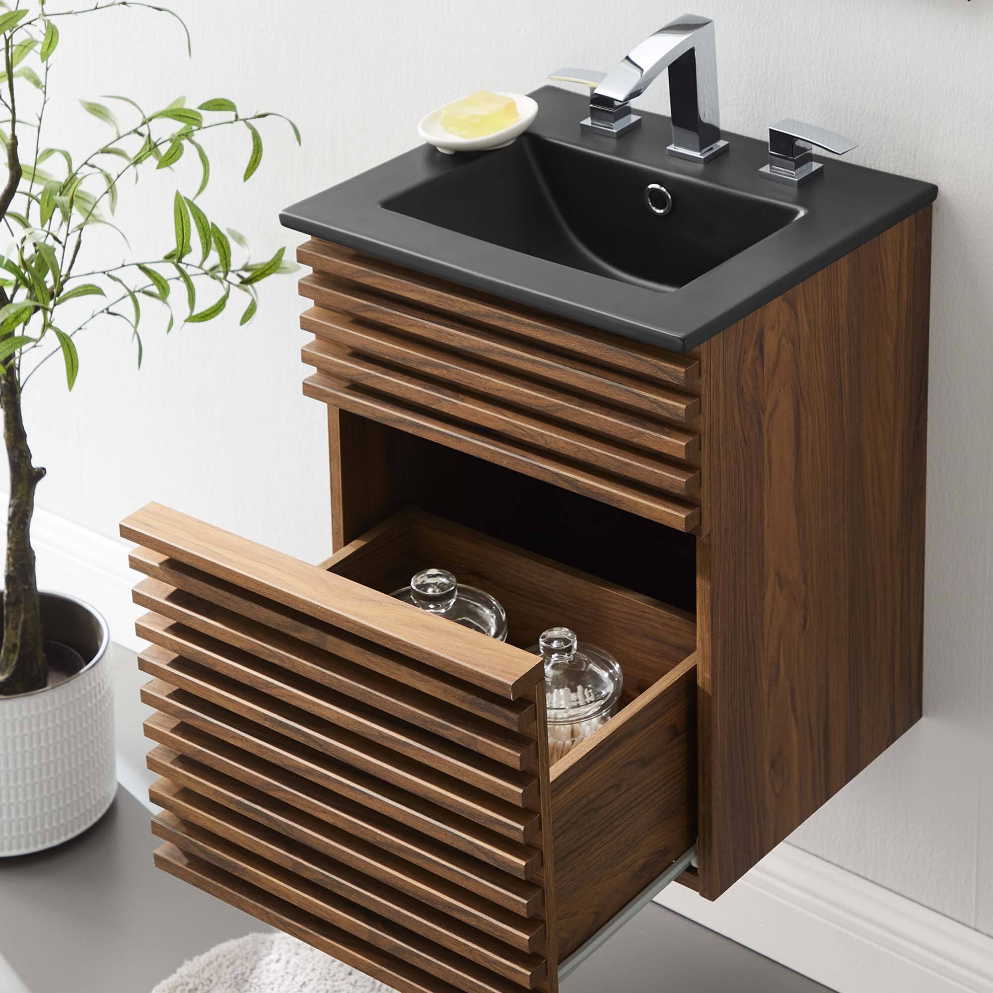 Left. Modway - Render Wall-Mount Bathroom Vanity with Black Basin Included - Walnut Black.