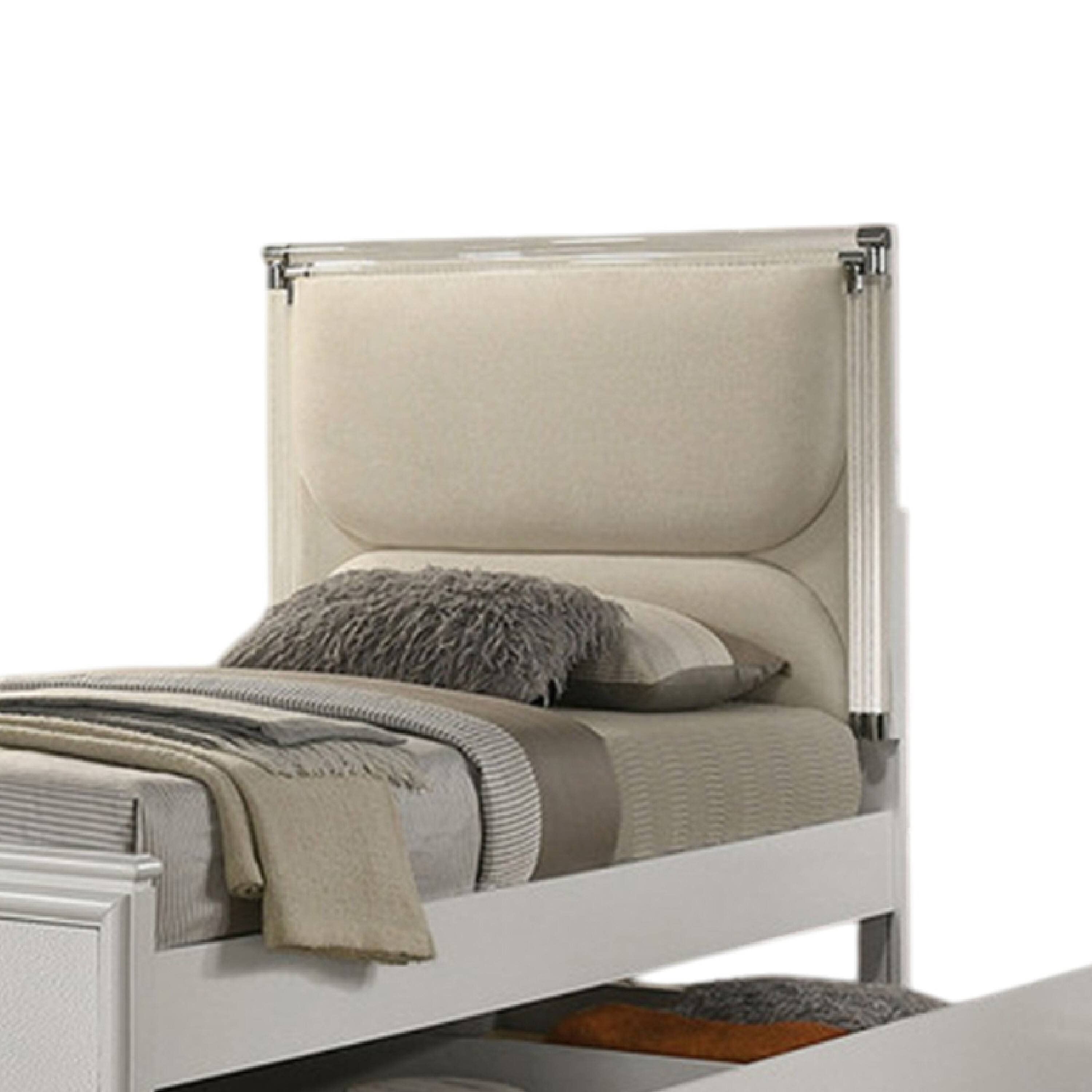 Left. Manhattan Lane - Dima Full Bed, Upholstered Headboard w LED, Pearl White, Clear Legs - Pearl White.