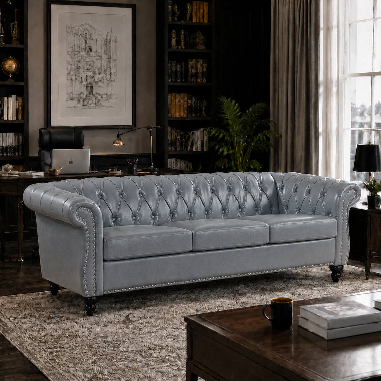 Back. Anysun - 84" Faux Leather 3-Seat Chesterfield Sofa - Rolled Arm, Deep Seating, Button Tufted for Living Room & Office - Gray.