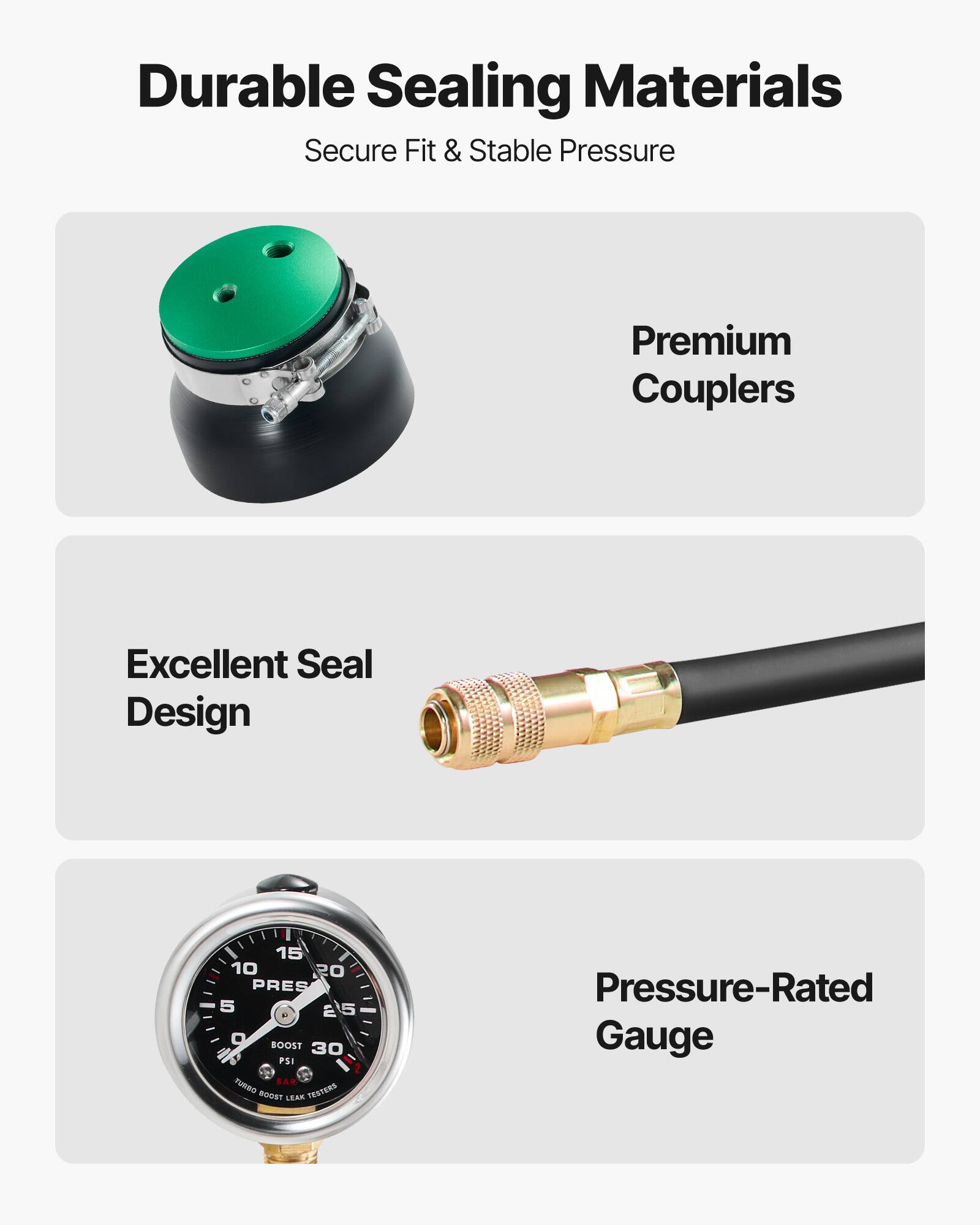 Durable Sealing Materials  
Secure Fit & Stable Pressure  

Premium Couplers  

Excellent Seal Design  

Pressure-Rated Gauge