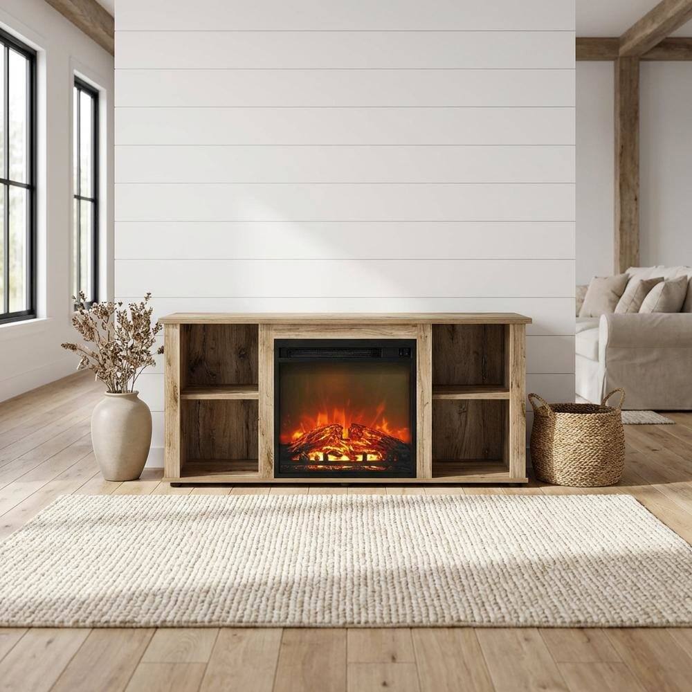 Alt View 1. FurniFact - Wood Entertainment Center with Fireplace in Brown finish for Living Room - Brown.