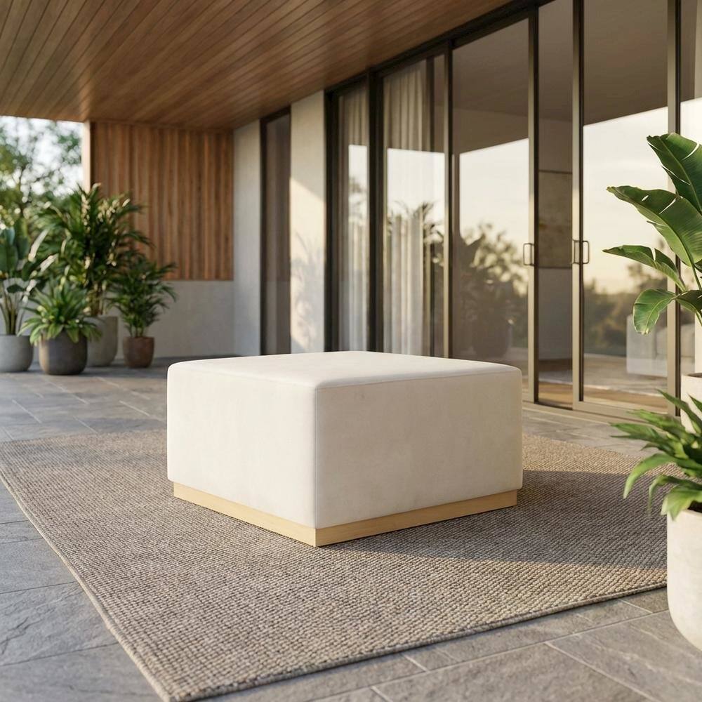Angle. Outdoor Escape - Square Performance Velvet Ottoman in Neutral Fabric for Outdoor Lounge - Gray.
