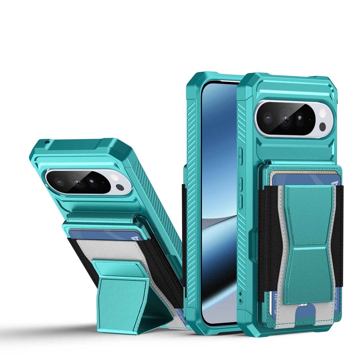 Angle. Dteck - Rugged Wallet Case for Google Pixel 10 Pro, Shockproof Protective Cover with Elastic Card Holder and Kickstand - Green.