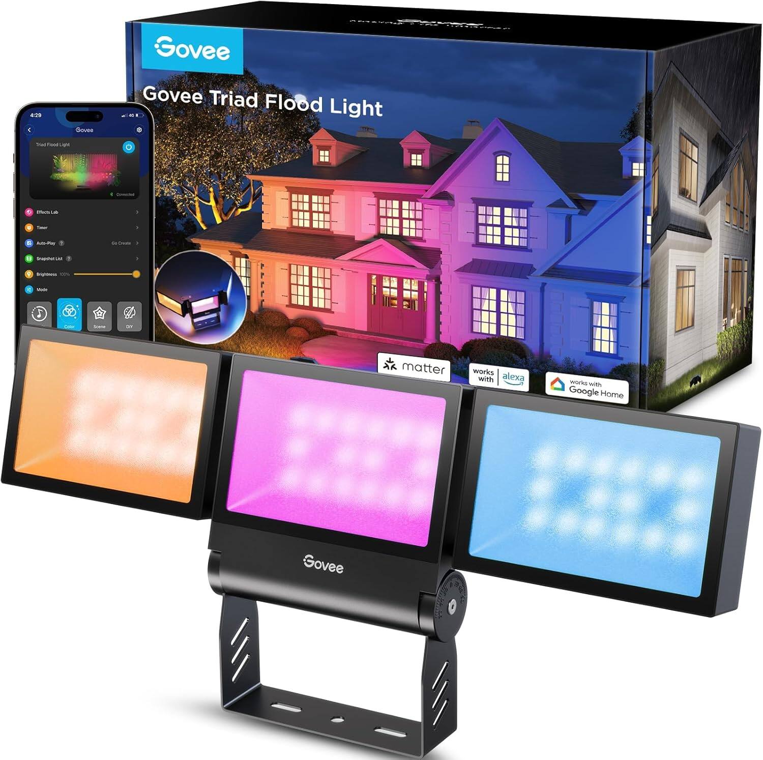 Govee - Triad Outdoor Flood Lights, 48W 4500LM RGBIC 3 Head Security Lights, IP66 Waterproof, Work with Alexa - Black