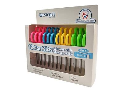 WESTCOTT  
Since 1872  

TeacherLists.com  

12 For Kids Scissors with Storage Rack  
AGES 4+  
Blunt Tip  

5 Year Warranty  

For Right or Left Handed Use  

5" Kids Scissors  
Blunt Tip