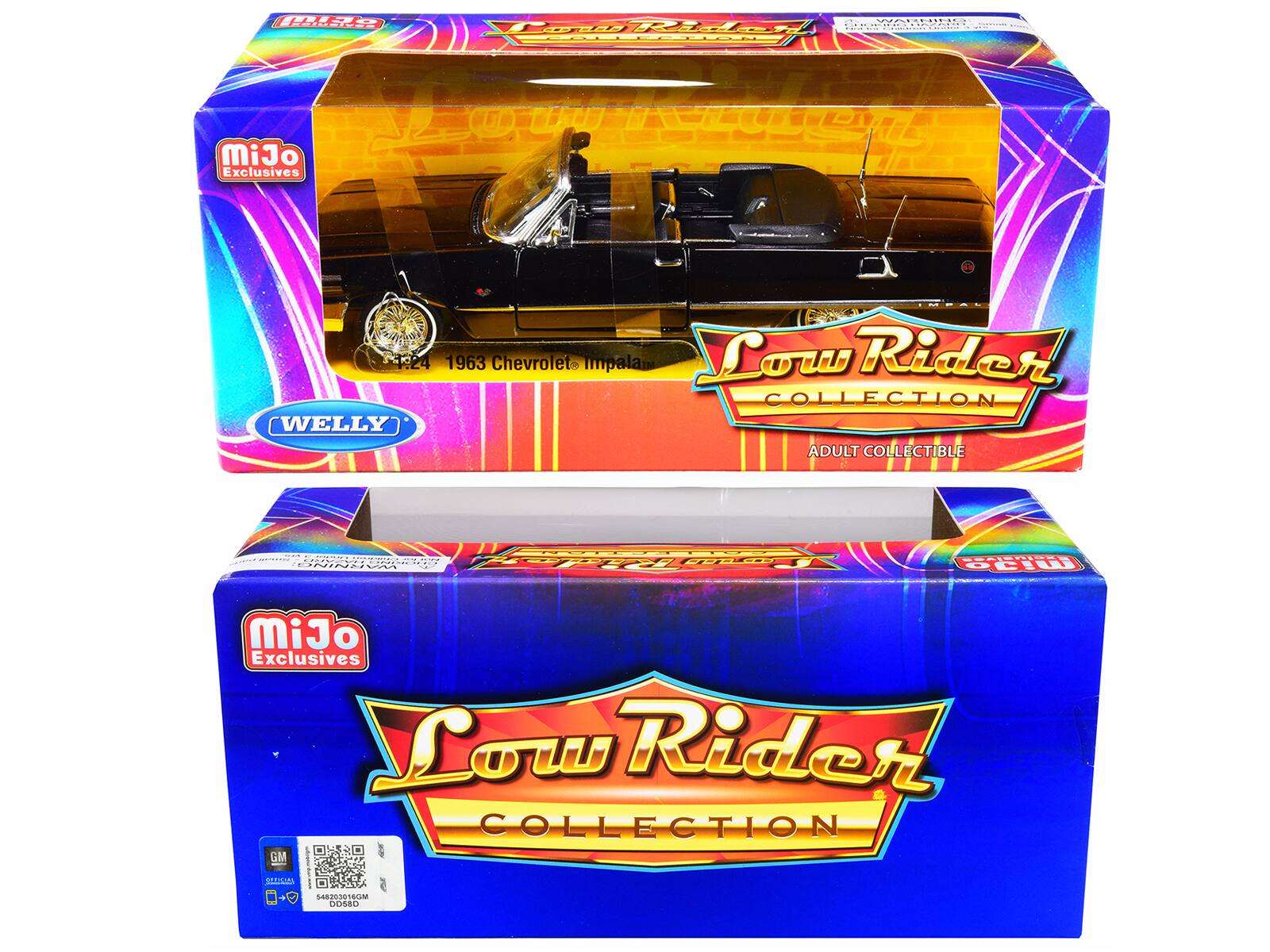 Sure, here is the corrected and grouped text from the image:

---

**Front of the Box:**

- **MiJo Exclusives**
- **Low Rider Collection**
- **1963 Chevrolet Impala**
- **WELLY**
- **ADULT COLLECTIBLE**

**Side of the Box:**

- **MiJo Exclusives**
- **Low Rider Collection**
- **GM 4RO**
- **SARgRTSUM ODMO**

**Barcode Information:**

- **GM**
- **548203016GM**

---