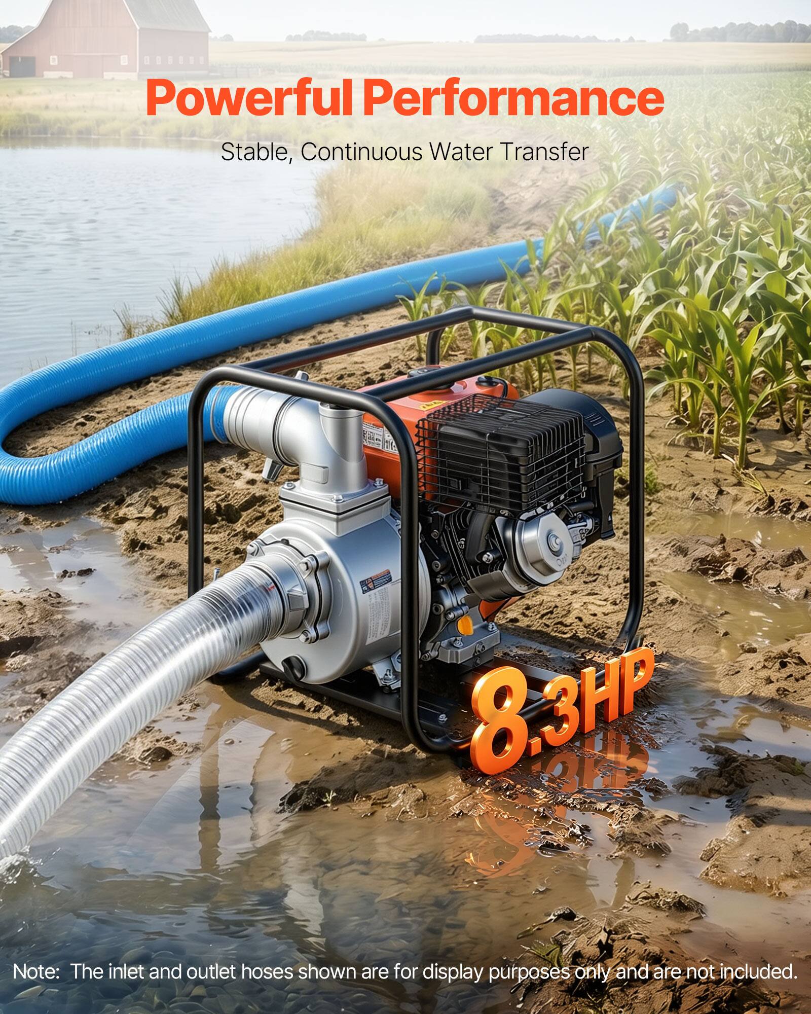 Powerful Performance  
Stable, Continuous Water Transfer  
8.3HP  

Note: The inlet and outlet hoses shown are for display purposes only and are not included.