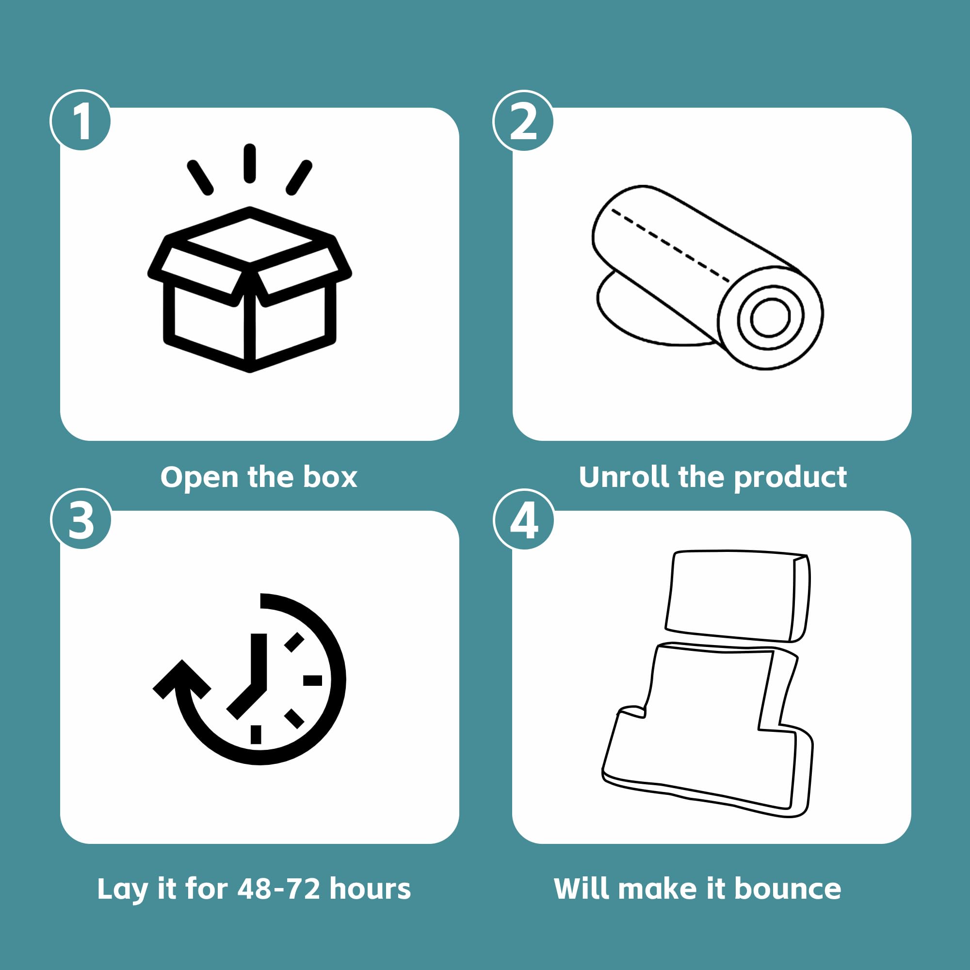 1. Open the box  
2. Unroll the product  
3. Lay it for 48-72 hours  
4. Will make it bounce