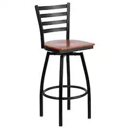 Emma + Oliver - Ladder Back Swivel Metal Restaurant Dining Barstool - Cherry Wood Seat/Black Metal Frame