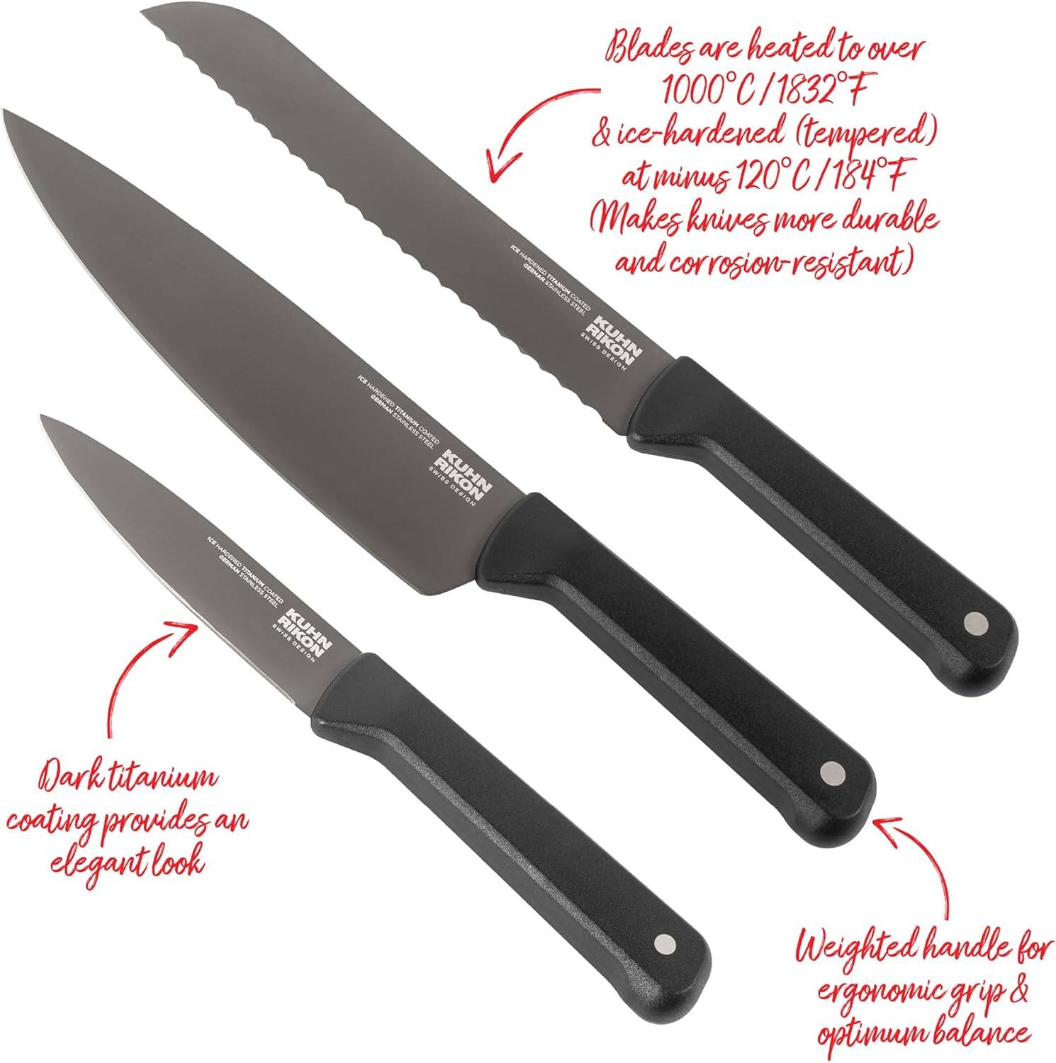 TOTAMBON COATED aziws KUHN DESIGN

Blades are heated to over 1000°C/1832°F & ice-hardened (tempered) at minus 120°C/184°F (Makes knives more durable and corrosion resistant)

Dark titanium coating provides an elegant look

Weighted handle for ergonomic grip & optimum balance
