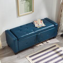 Ropilly - 48 Inch Faux Leather Storage Ottoman Tufted Bench for Bedroom Entryway - Blue