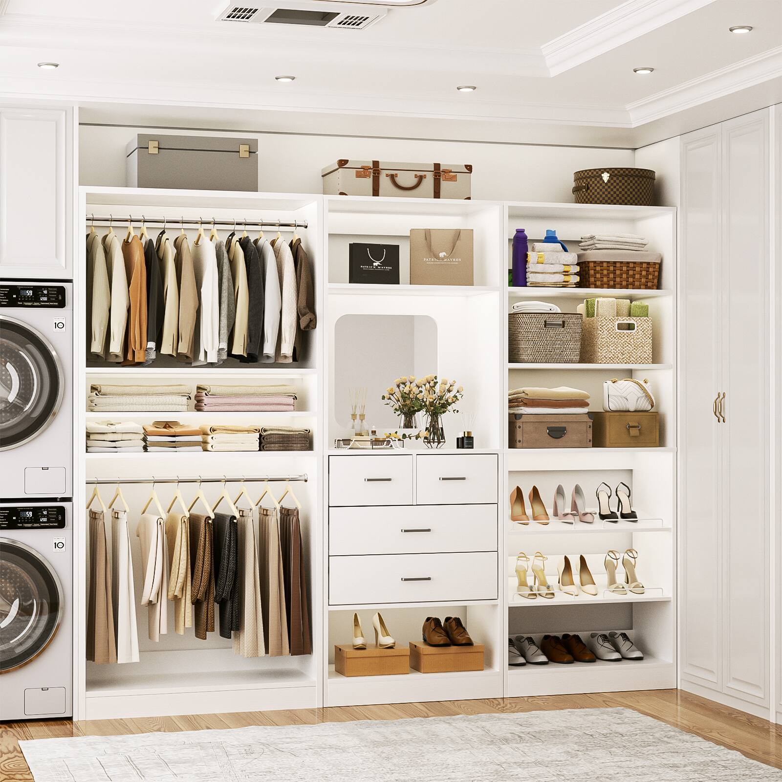 Alt View 4. Aheaplus - Large Walk-in Closet System Set of 3, 86'' Wide Closet Storage System with Drawers, Hanging Rods and Shoe Racks - White.