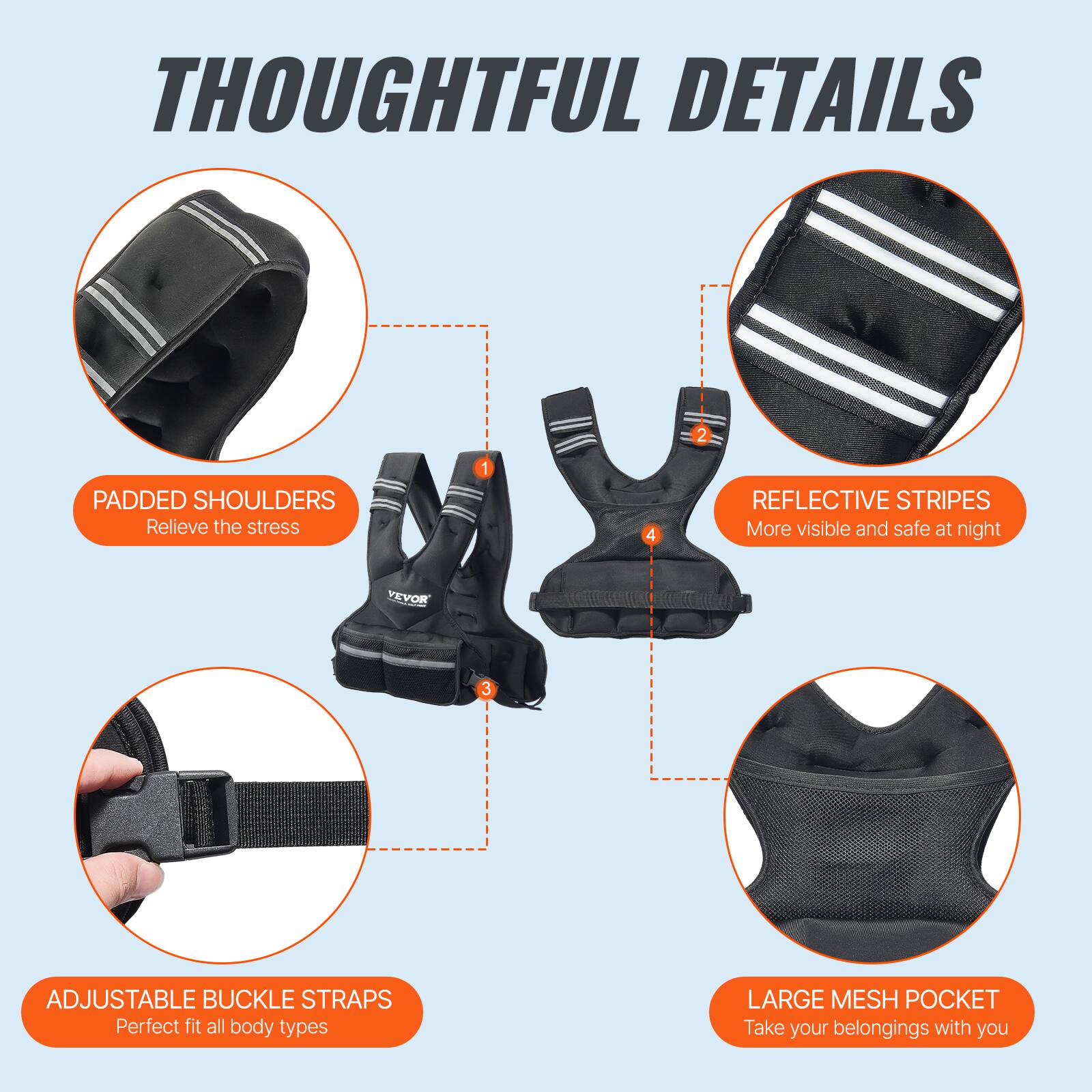 THOUGHTFUL DETAILS

1. PADDED SHOULDERS
2. REFLECTIVE STRIPES
3. ADJUSTABLE BUCKLE STRAPS
4. LARGE MESH POCKET