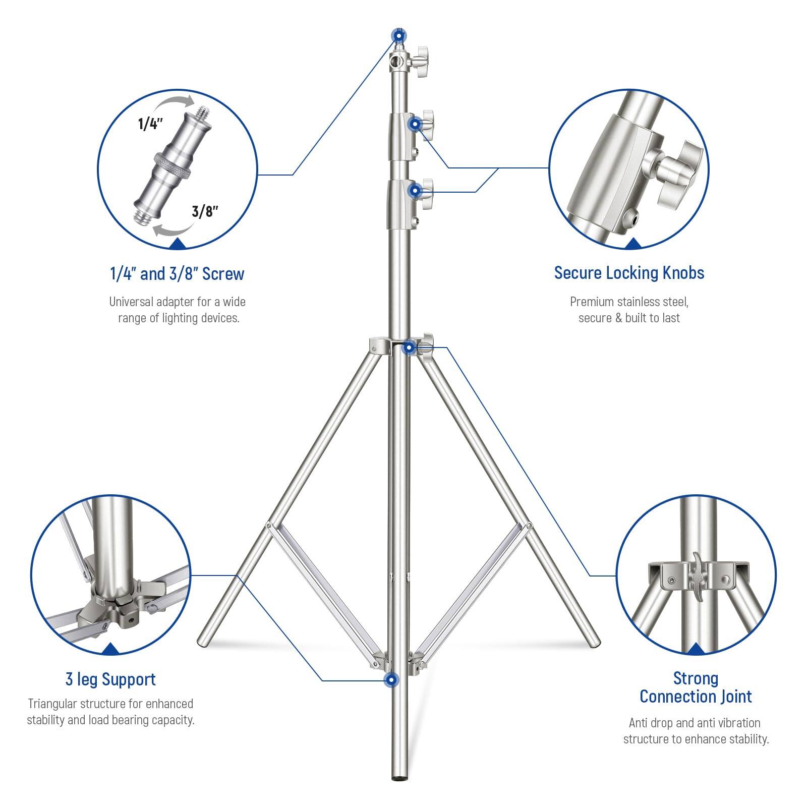 1/4" and 3/8" Screw Universal adapter for a wide range of lighting devices.  
Secure Locking Knobs Premium stainless steel, secure & built to last  
3 leg Support Triangular structure for enhanced stability and load bearing capacity.  
Strong Connection Joint Anti drop and anti vibration structure to enhance stability.