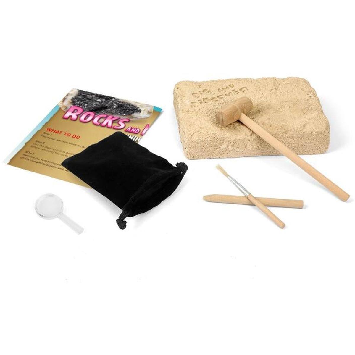 ROCKS AND MINING

WHAT TO DO

- Dig and collect rocks
- Use a magnifying glass to examine them
- Use a hammer to break them
- Use a chisel to carve them
- Use a sieve to separate them
- Use a magnet to test them
- Use a scale to weigh them
- Use a notebook to record your findings

ROCKS AND MINING