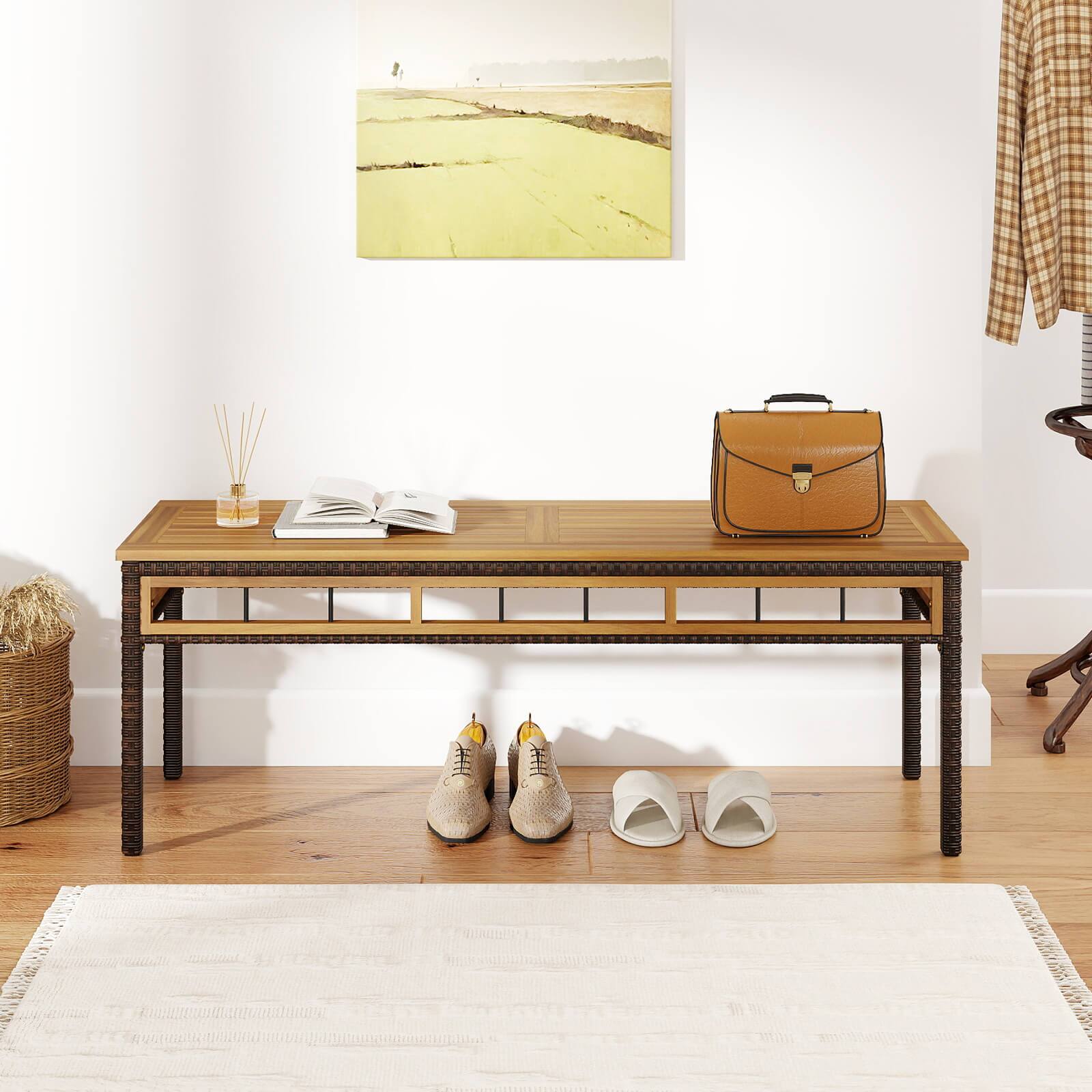 Alt View 3. Costway - Costway 2PCS 48" Wicker Patio Bench with Acacia Wood Seat Removable Padded Cushion for Deck - Natural,Mix Brown.