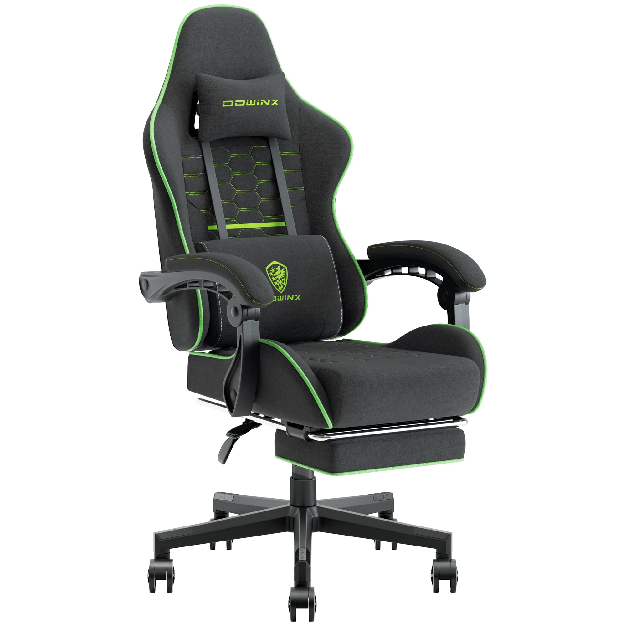 Dowinx - Fabric Gaming Chair with Massage Lumbar Support, Ergonomic Office Chair with Adjustable Headrest and Footrest, 280LB - Black Green